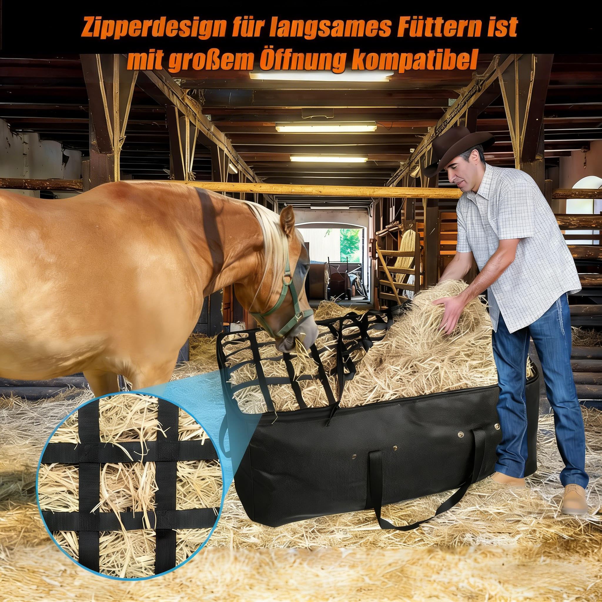 Heunetz für Pferde,Heusack,extra große Heutasche (112x46x56 cm) mit Slow-Feed-Deckel f. Pferde,Ziegen,Schafe& Esel–Hochwertige,schwer entflammbare Oxford-Stoff Aufbewahrungstasche (Schwarz)