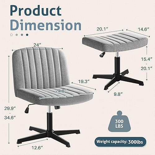 Miniatura 3 de Silla de patas cruzadas con otomana, giratoria sin brazos, ancho acolchado, altura ajustable, tela para oficina en casa, color gris claro