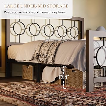 SHA CERLIN Queen Size Metal Bed Frame with Vintage Circular Design Headboard and Footboard,No Box Spring Required,Easy Assembly,Noise-Free,Brown