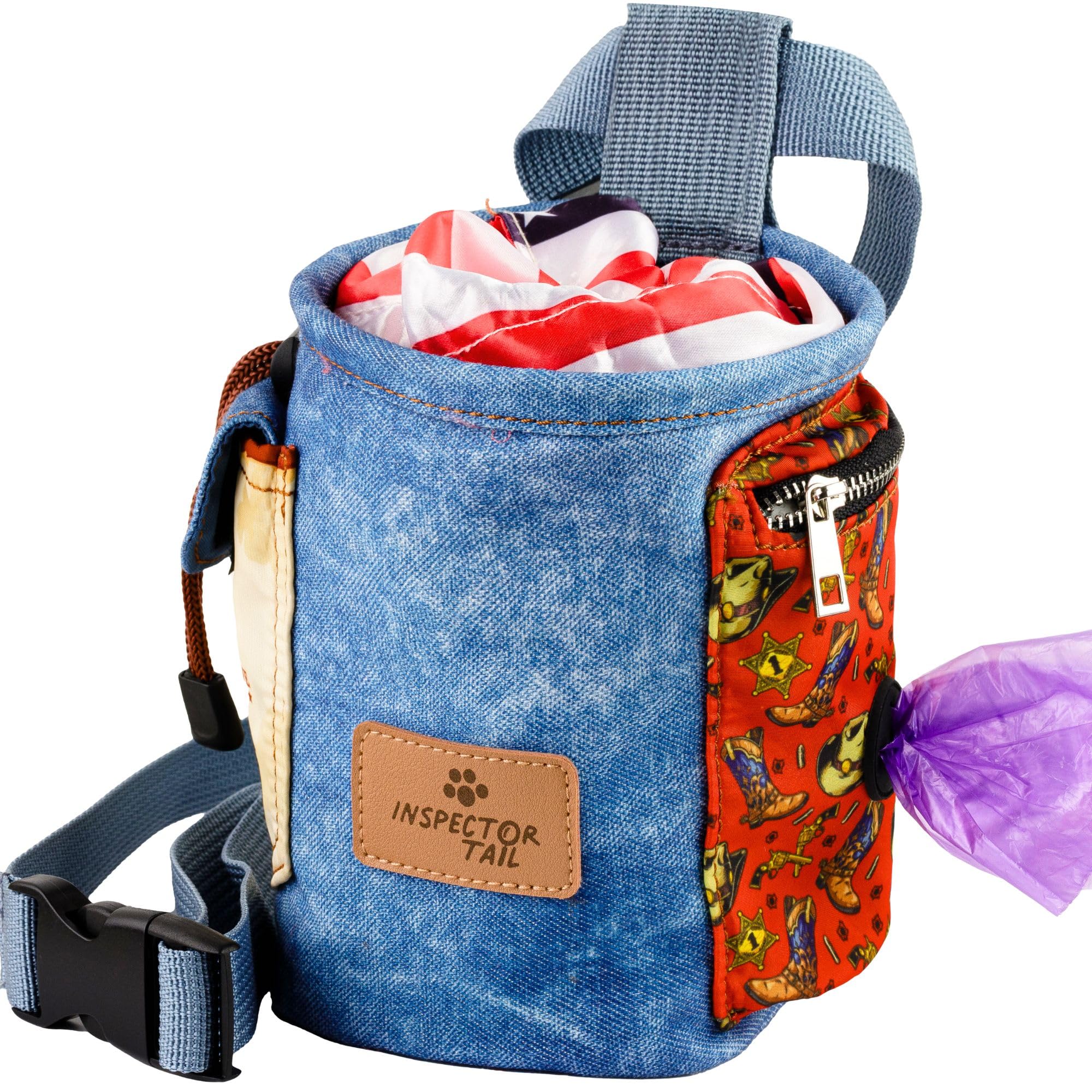 INSPECTOR TAIL Dog Treat Pouch w Drawstring to Prevent Spills | 2 Cup Tote | Hands Free w 4 Ways to Wear Puppy Bag w Pockets for Snacks Poop Bags Keys