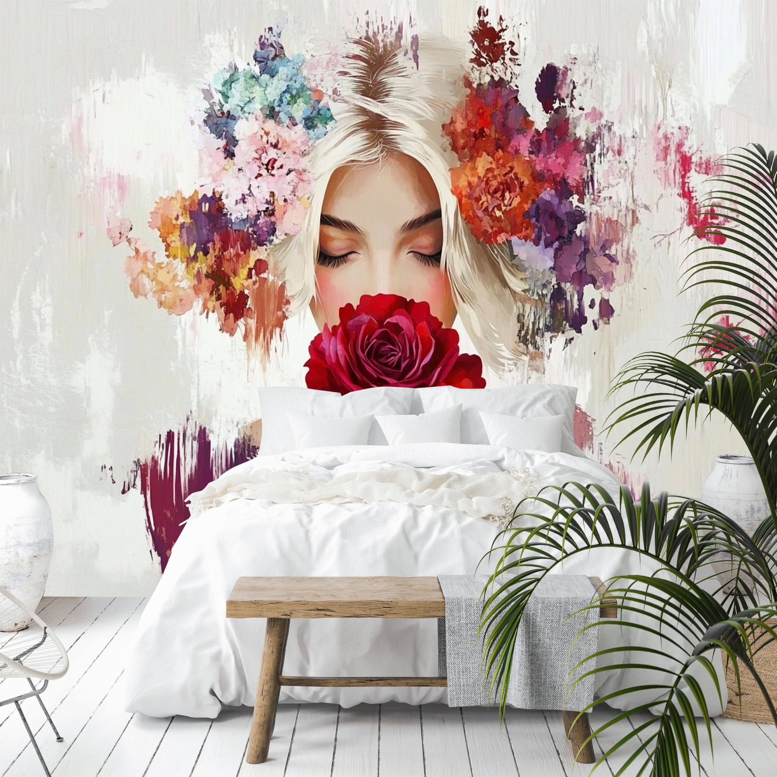 Custom Size Wall Murals - Beauty Wearing Fresh Flowers, Angel Embossed Relief Beauty - Self-Adhesive Removable Stick Wallpaper for Living Room