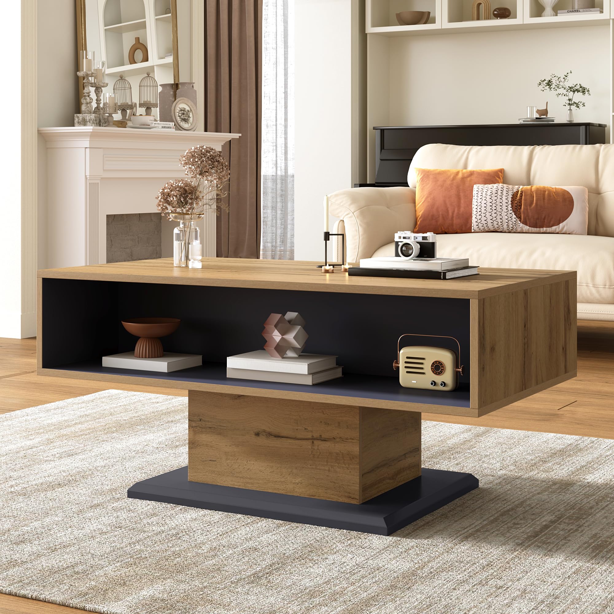 Merax Couchtisch mit doppelseitigem Stauraum 100x50x46,5 cm, Wohnzimmertisch mit großem Ablagefach, Innenfach & Holzoptik, Sofatisch minimalistisch