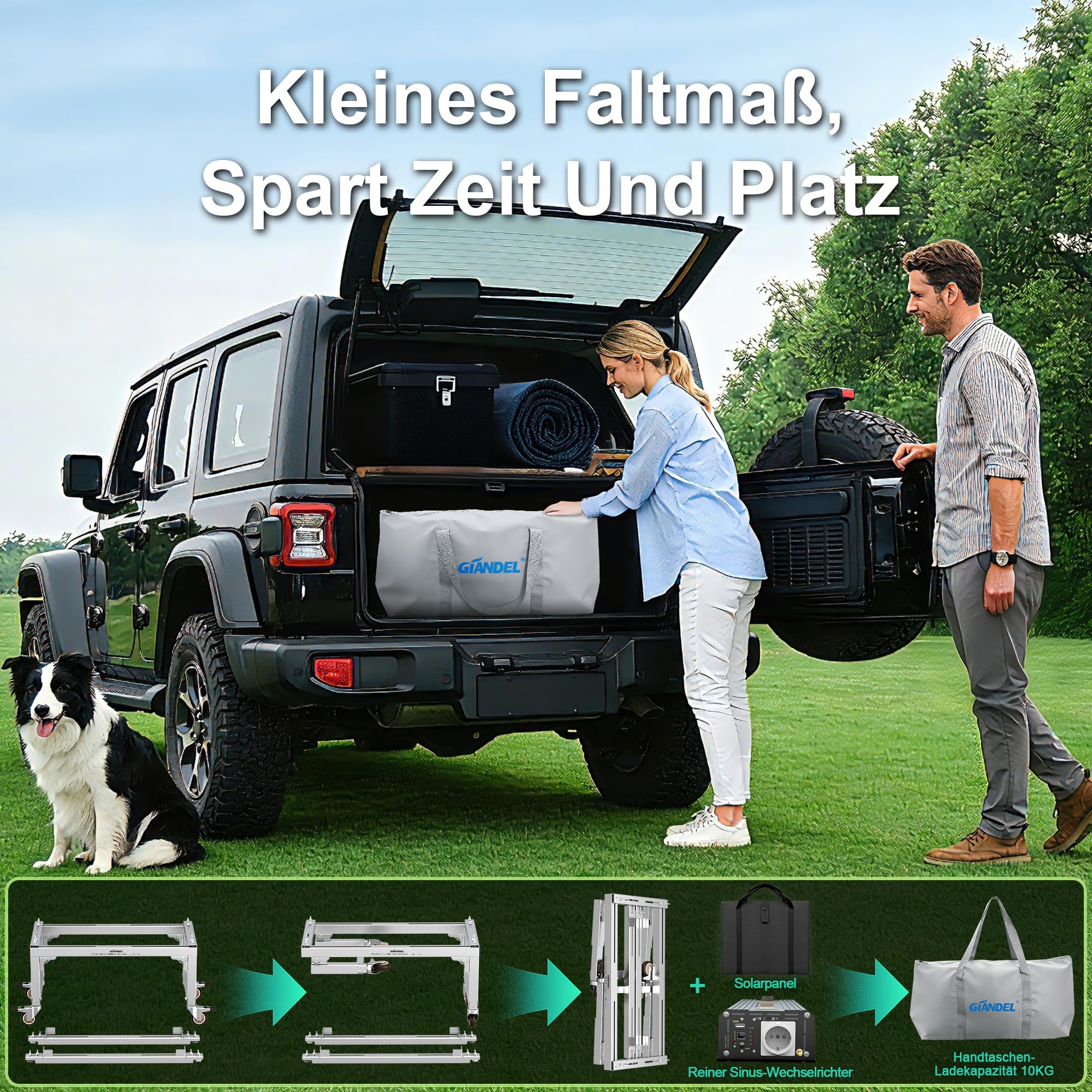 GIANDEL 1200W 12V tragbare Solarstromsystem-Kits, Off-Grid-Wechselrichtersystem-Kits: Faltbares Batteriegestell + 1200 W Reiner Sinus-Wechselrichter + 150W Solarpanel + Aufbewahrungstasche