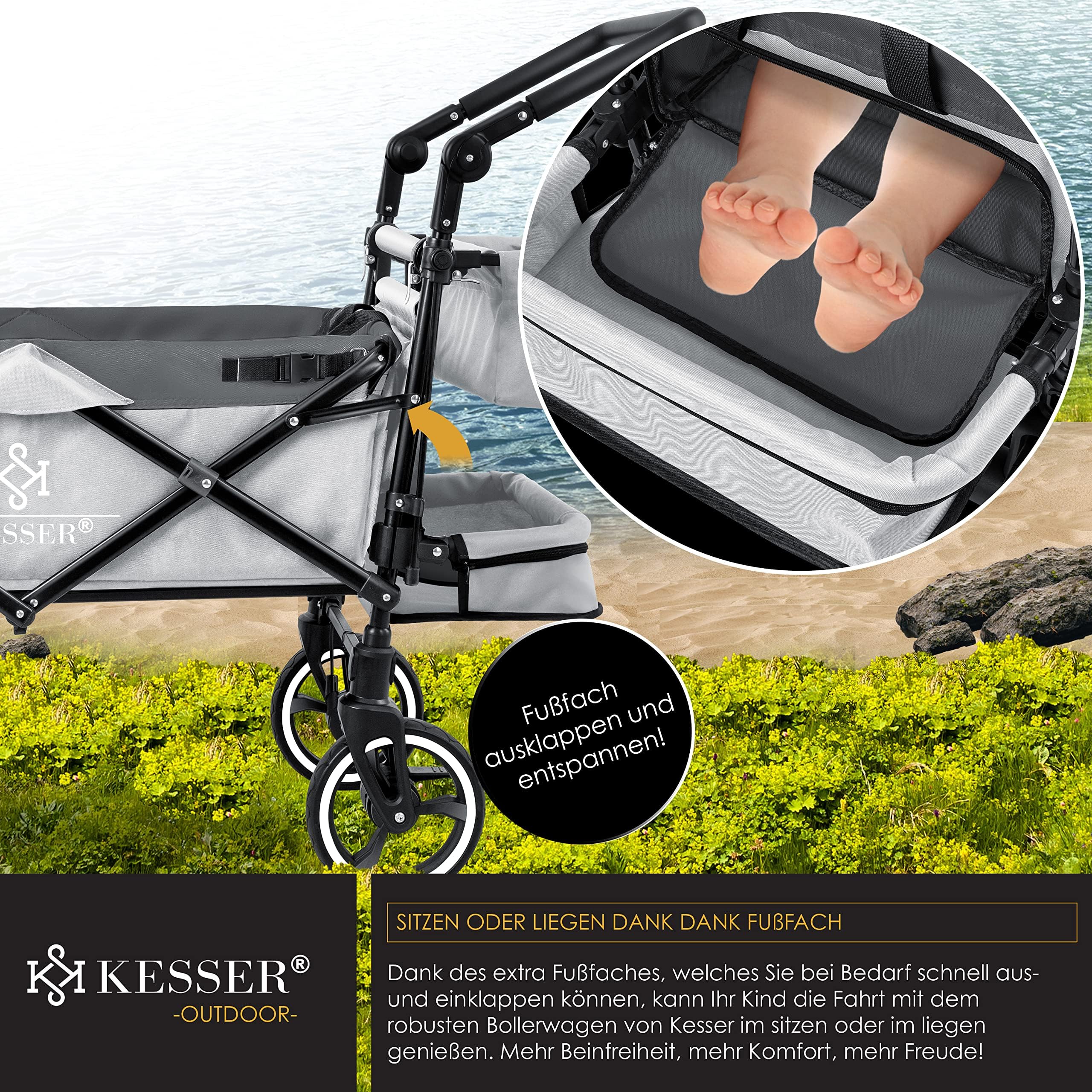 KESSER® - Carrello pieghevole manuale GTS-9100 con tettoia, carrello pieghevole con 2 sistemi con cinture a 3 punti, ruote in gomma girevoli a 360° e sistema di prolungamento interno, freno anteriore