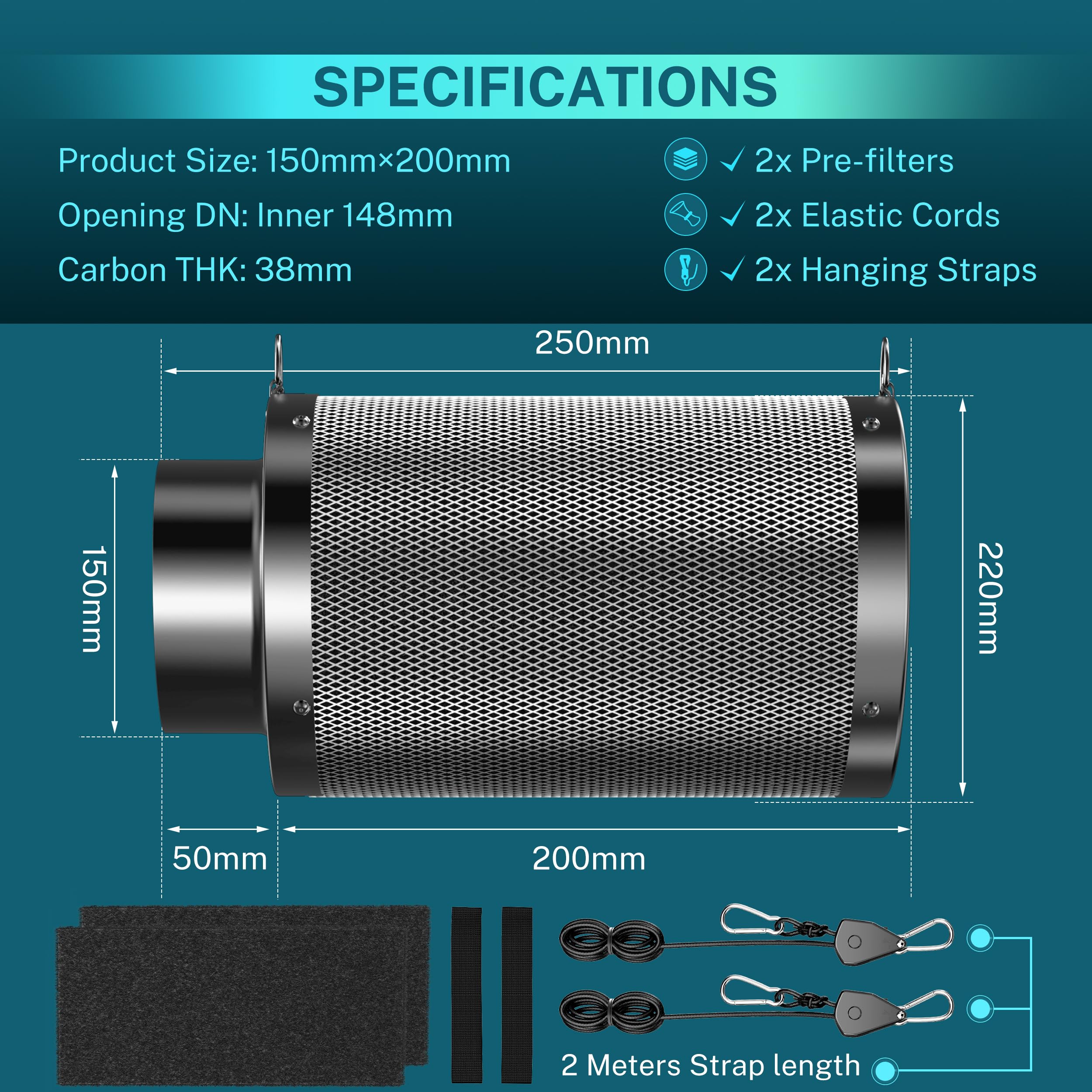 HG Power Filtre à Charbon Actif 150mm – Charbon Actif Vierge Australien 38mm, contrôle des odeurs pour Tente de Culture, hydroponie & Ventilateur, avec 2 pré-filtres, Diamètre 150mm × 200mm