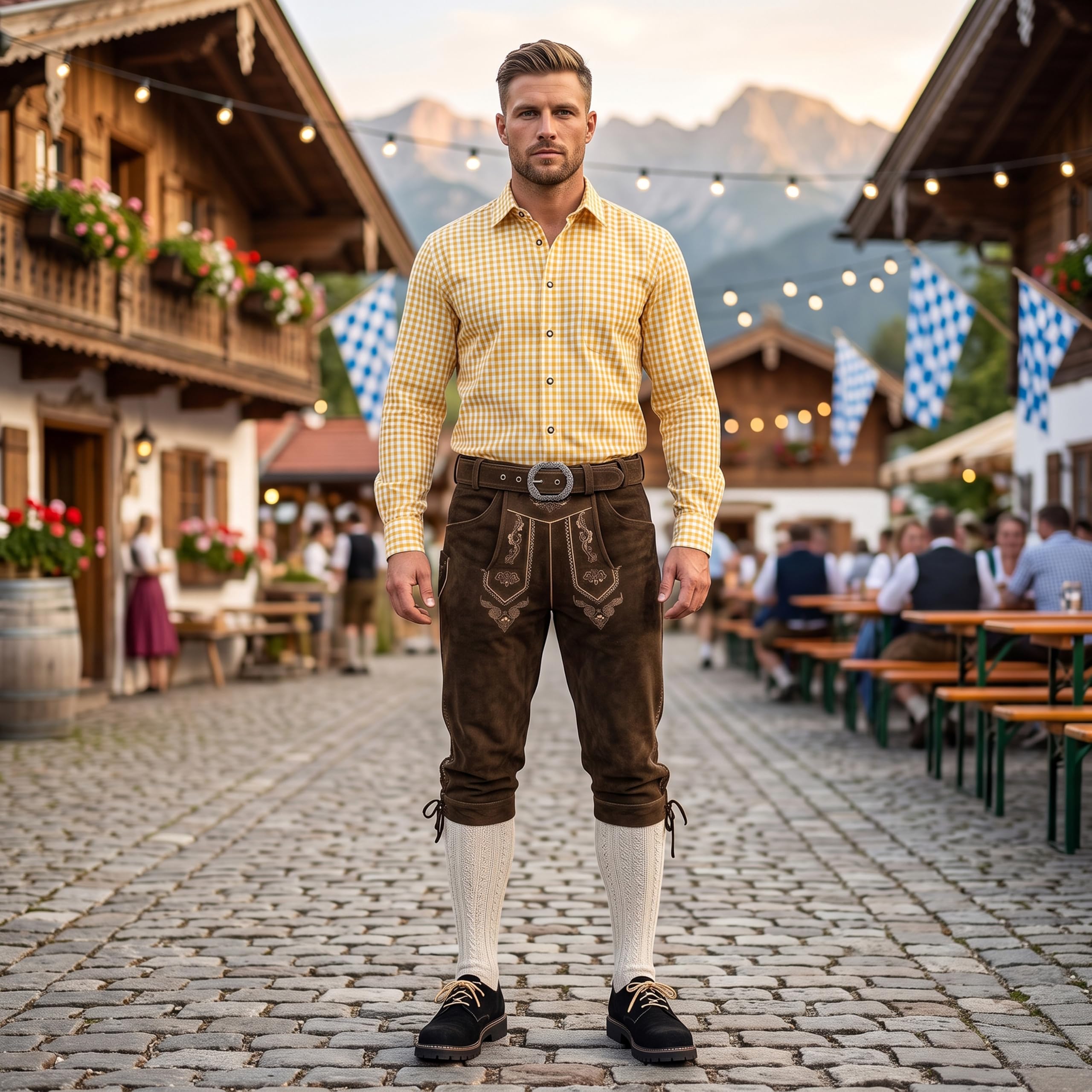 German Wear Trachtenlederhose Herren Kniebund Lederhose mit Gürtel 100% Wildleder Rindsvelours Traditionelle Stickerei Messertasche für Volksfeste Trachtenveranstaltungen