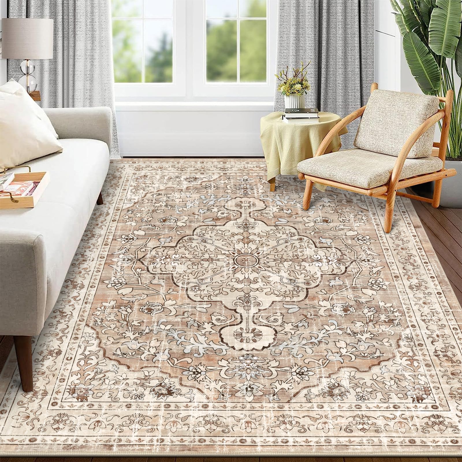 Pauwer Boho Washable Area Rug 5x7 Soft Living Room Bedroom Floor Carpet Mat Indoor Farmhouse Vintage Non Slip Accent Throw Rugs for Entryway Kitchen