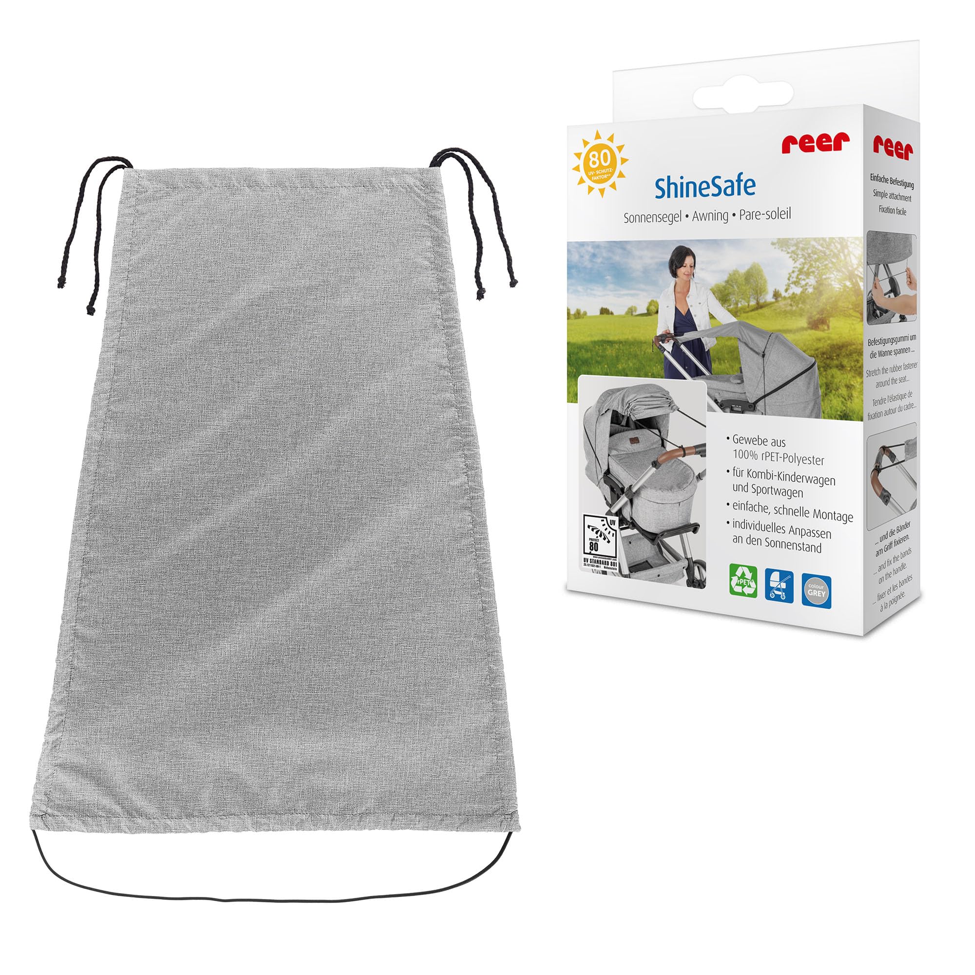 reer ShineSafe Sonnensegel | UV Schutz (UPF 80+) | universal passend für Kombi-Kinderwagen & Sportwagen | Sonnenschutz & Windschutz | aus 100% rPET-Polyester | Einfache Anbringung | Grau-Melange
