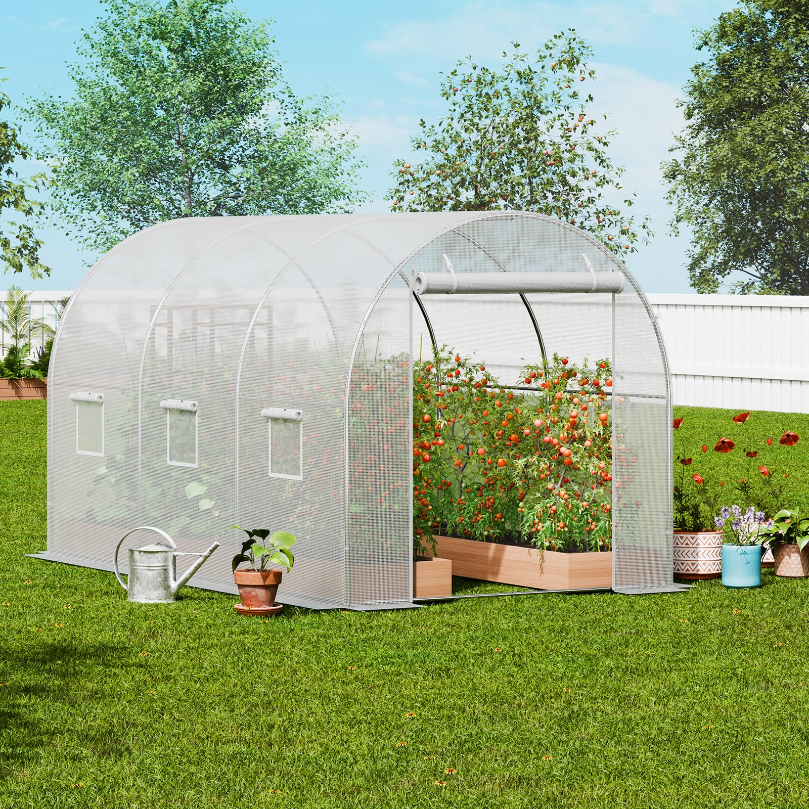VEVOR Invernadero Túnel 292x196x190 cm Carpa Refugio para Plantas Estructura de Acero Galvanizado Cubierta de PE Puerta Enrollable con Cremallera 6 Ventanas para Cultivo de Verduras Flores, Blanco
