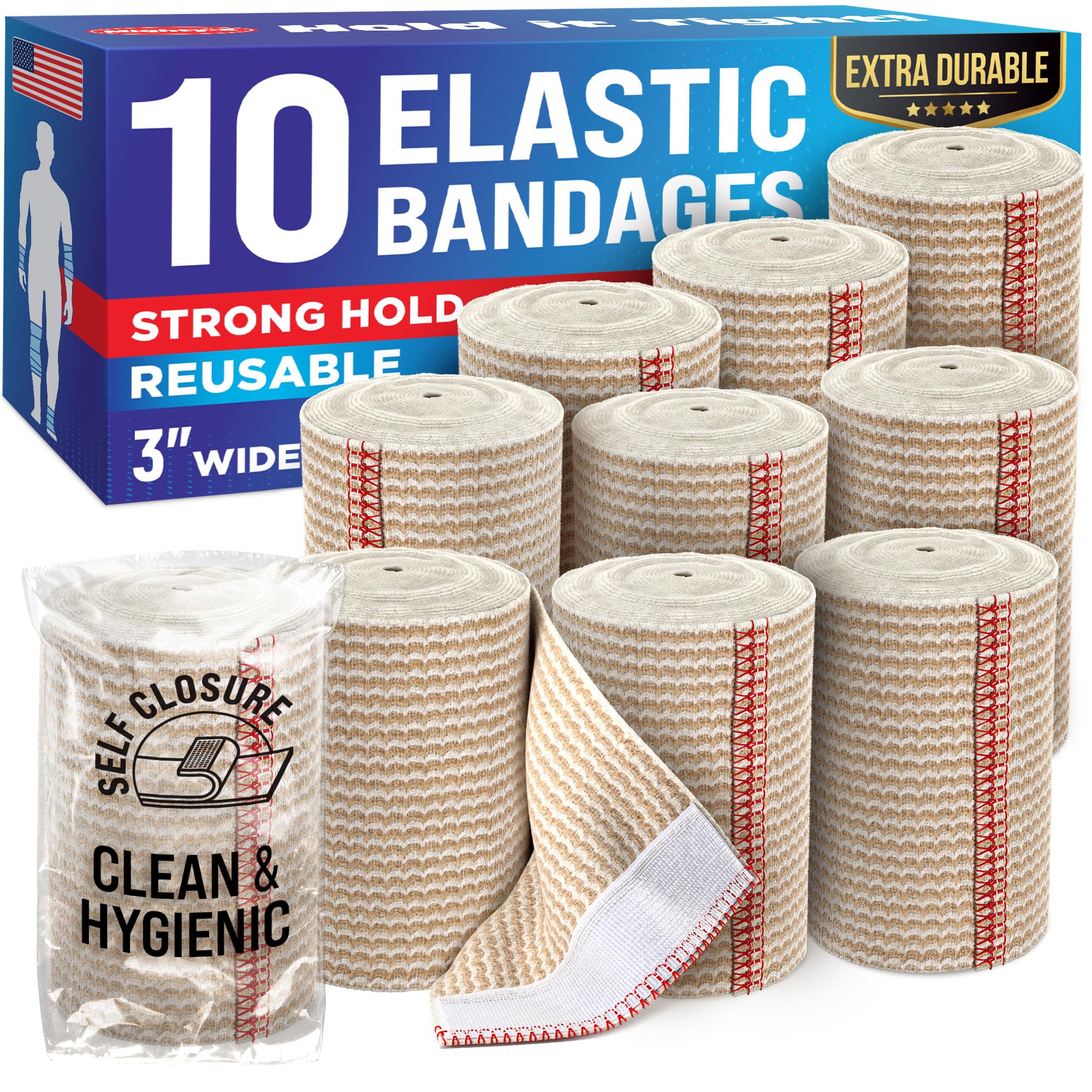 Premium Elastic Bandage Wrap - 3” (10pk) - Strong Compression - Self-Closing Reusable Bandages for Legs and Arms - Wrist, Elbow, Foot, Knee Wrap