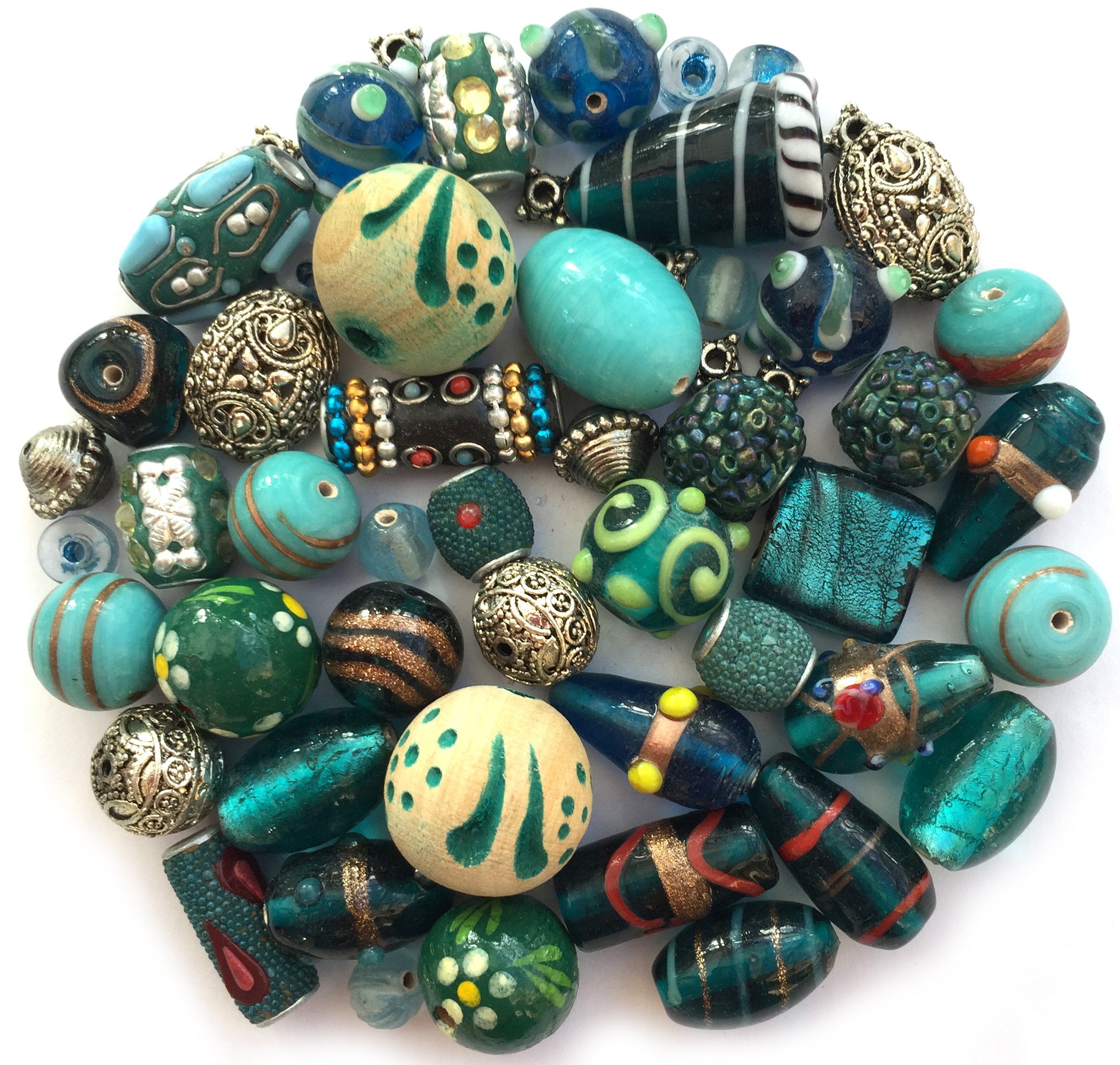 Sabrikas Let Your Creative Spirit Run Free Turquoise Sabrikas Mixed Pack Of Handmade Jewellery Making Beads - 150G (150 Pieces) - Glass, Bone/Stone, Wood - Round - Craft Bead - Beads