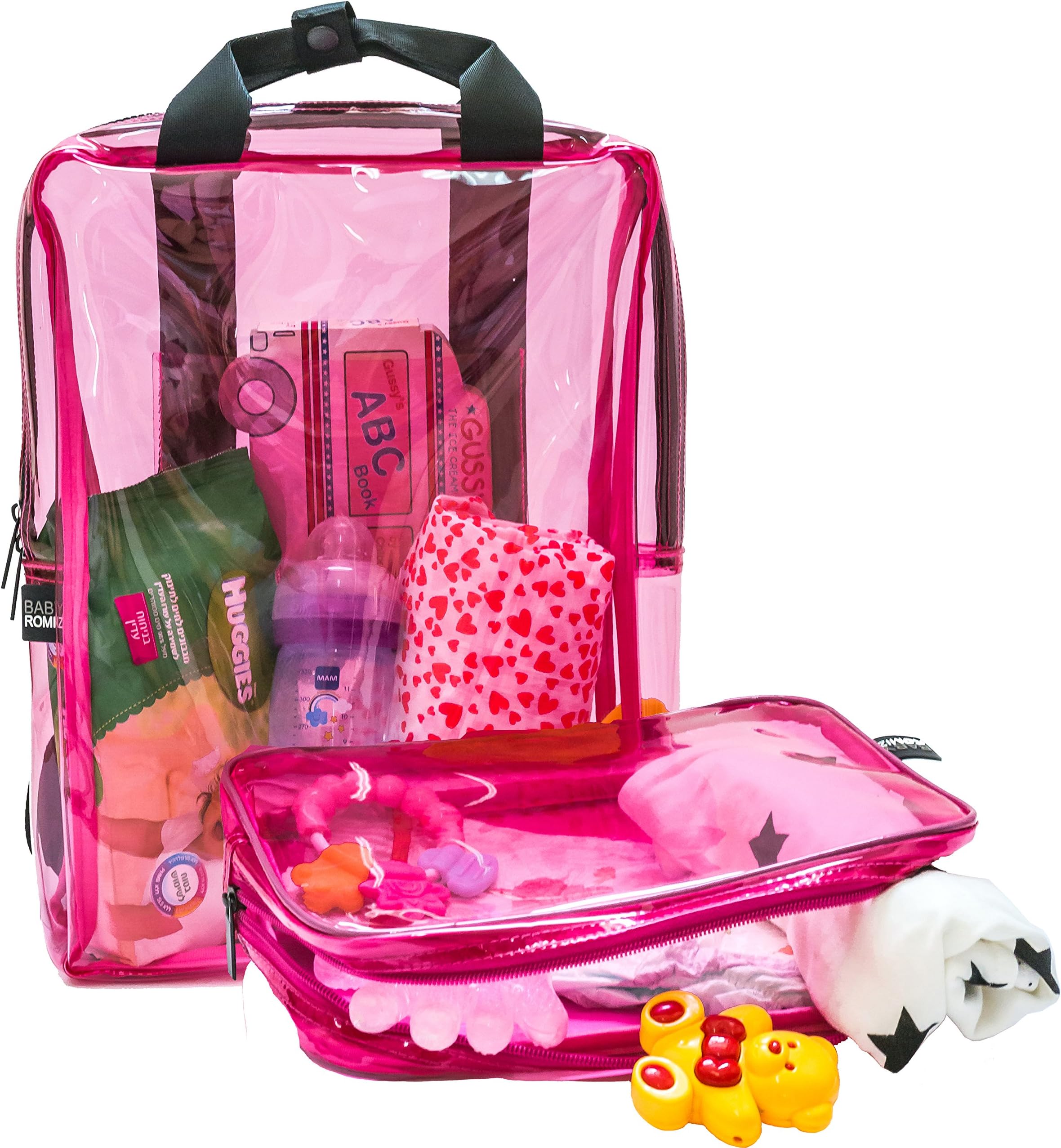 Pink Clear Baby Diaper Bag Backpack/Child School Tote with Matching Travel Toiletry/Pencil Case, Easy-Clean Waterproof PVC Transparent Main Compartment. Reinforced Straps -Security/Sporting Events