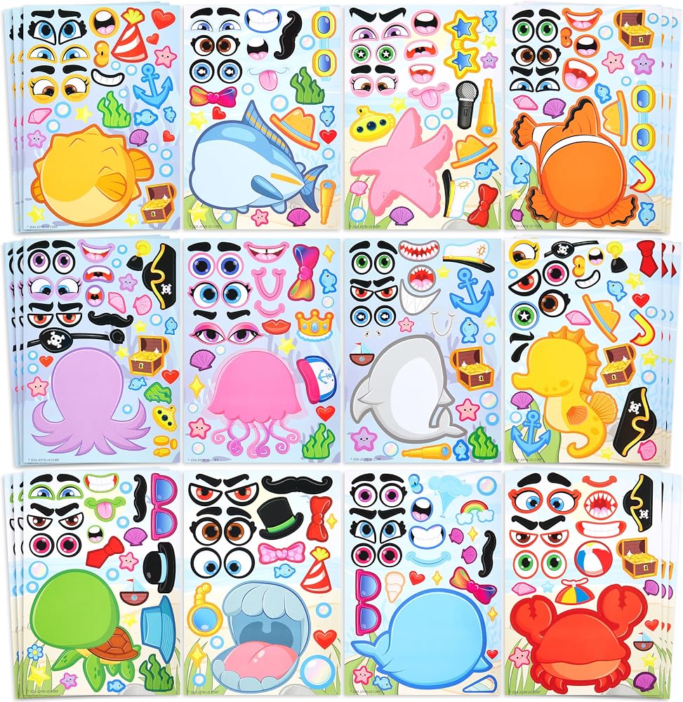 JOYIN 36피스 22.9 x 15.2cm(9 x 6인치) 바다 동물 만들기 아동용 얼굴 스티커, 나만의 바다 동물 스티커 시트 만들기, 파티 선물, 어린이 공예, 선물 가방 스터퍼, 교실 보상 — 사진 1
