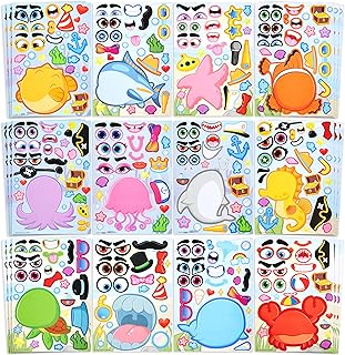 JOYIN 36피스 22.9 x 15.2cm(9 x 6인치) 바다 동물 만들기 아동용 얼굴 스티커, 나만의 바다 동물 스티커 시트 만들기, 파티 선물, 어린이 공예, 선물 가방 스터퍼, 교실 보상
