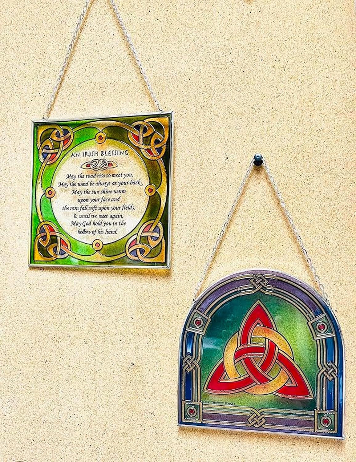Stained Glass Set of 2 Trinity Knot Window Hang Irish Blessing Square Suncatcher Plaque Handcrafted Shamrock Decor Birthday Present Housewarming Gift