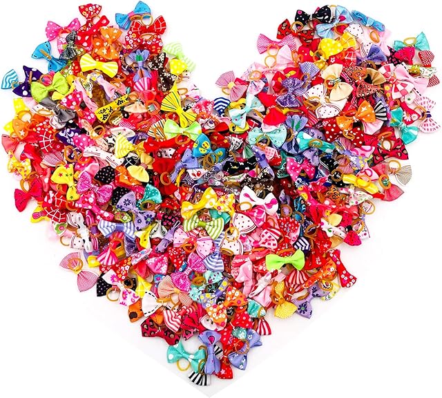 BIPY 100pcs/pack Small Dog Hair Bows with Elastic Rubber Bands Doggy Kitten Topknot Attachment Grooming Accessories Set for Long Hair Puppy Cat Hair Bows Colors Randomly