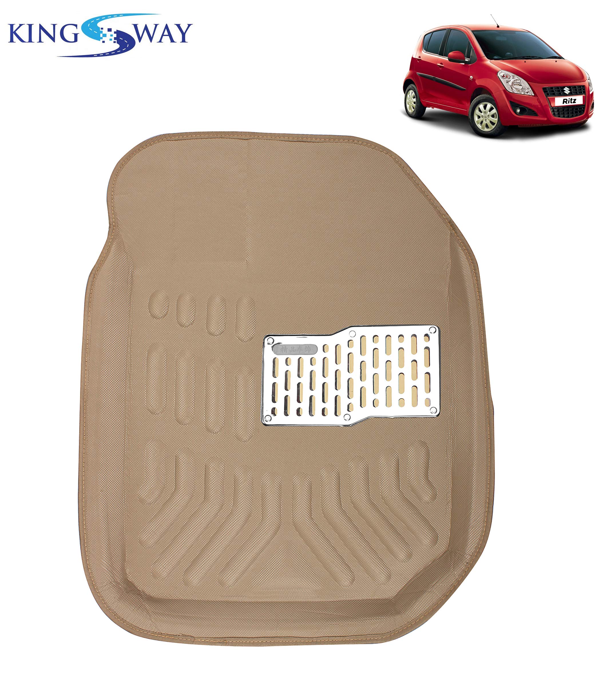 KINGSWAY® 4D Car Floor Foot Mats Compatible with Maruti Suzuki Ritz (Year 2009-2015) - Complete Set of 3 Pieces, Top-Notch PVC Material, Washable, Beige