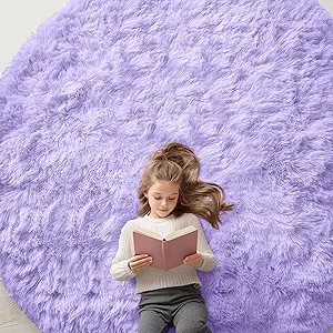 OLANLY Light Purple Round Rugs for Bedroom - Machine Washable, 8 ft Circle Area Rugs for Living Room, Soft and Fluffy Shaggy Carpet for Teen Girls and Boys, Nursery Rooms, Dorms, Home Decor Aesthetic