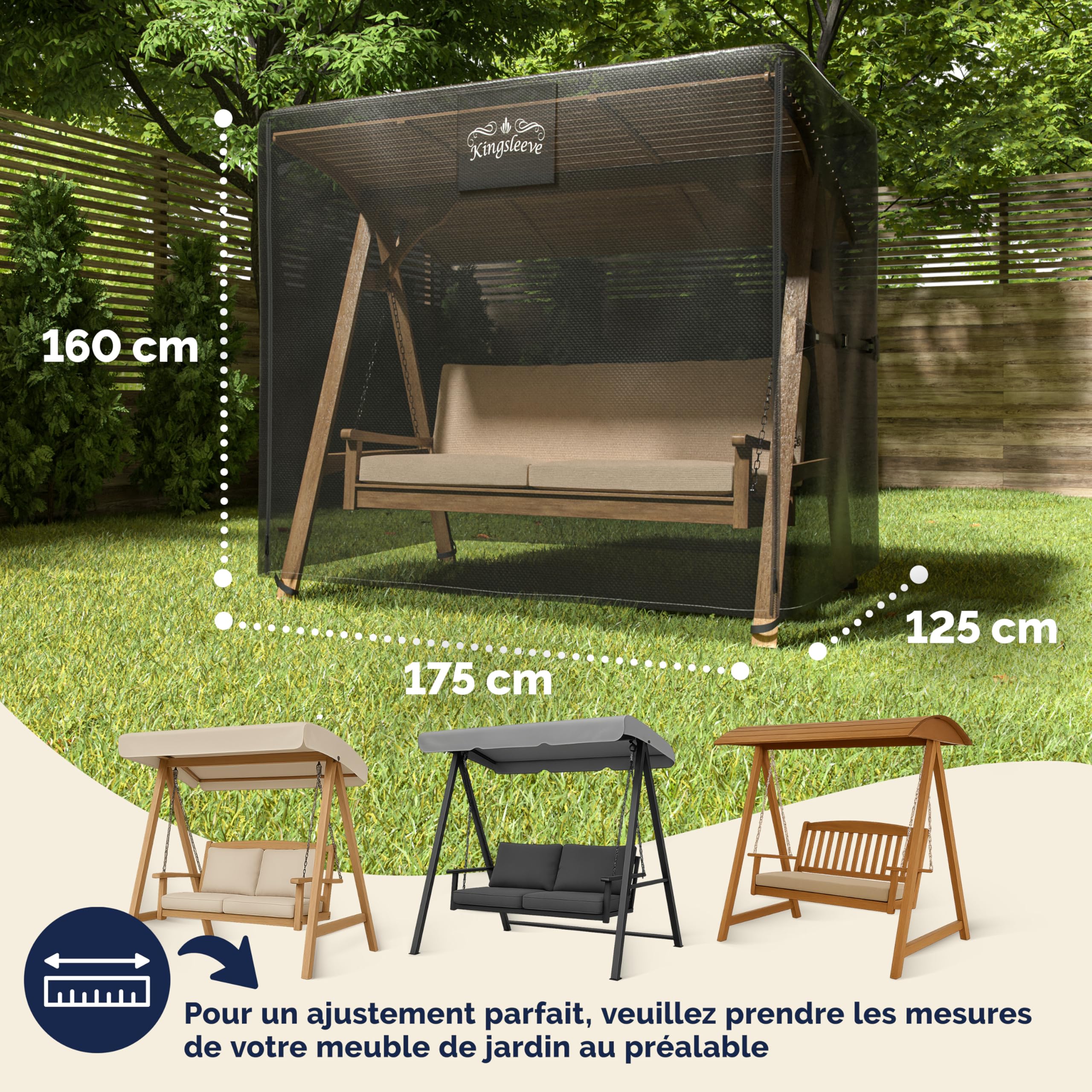 Kingsleeve® Housse de Balancelle de Jardin 2-3 Places en Tissu Oxford - Bâche de Protection Imperméable en Polyester Haute Qualité, Anti-Gel, Anti-UV, 175 x 125 x 160 cm