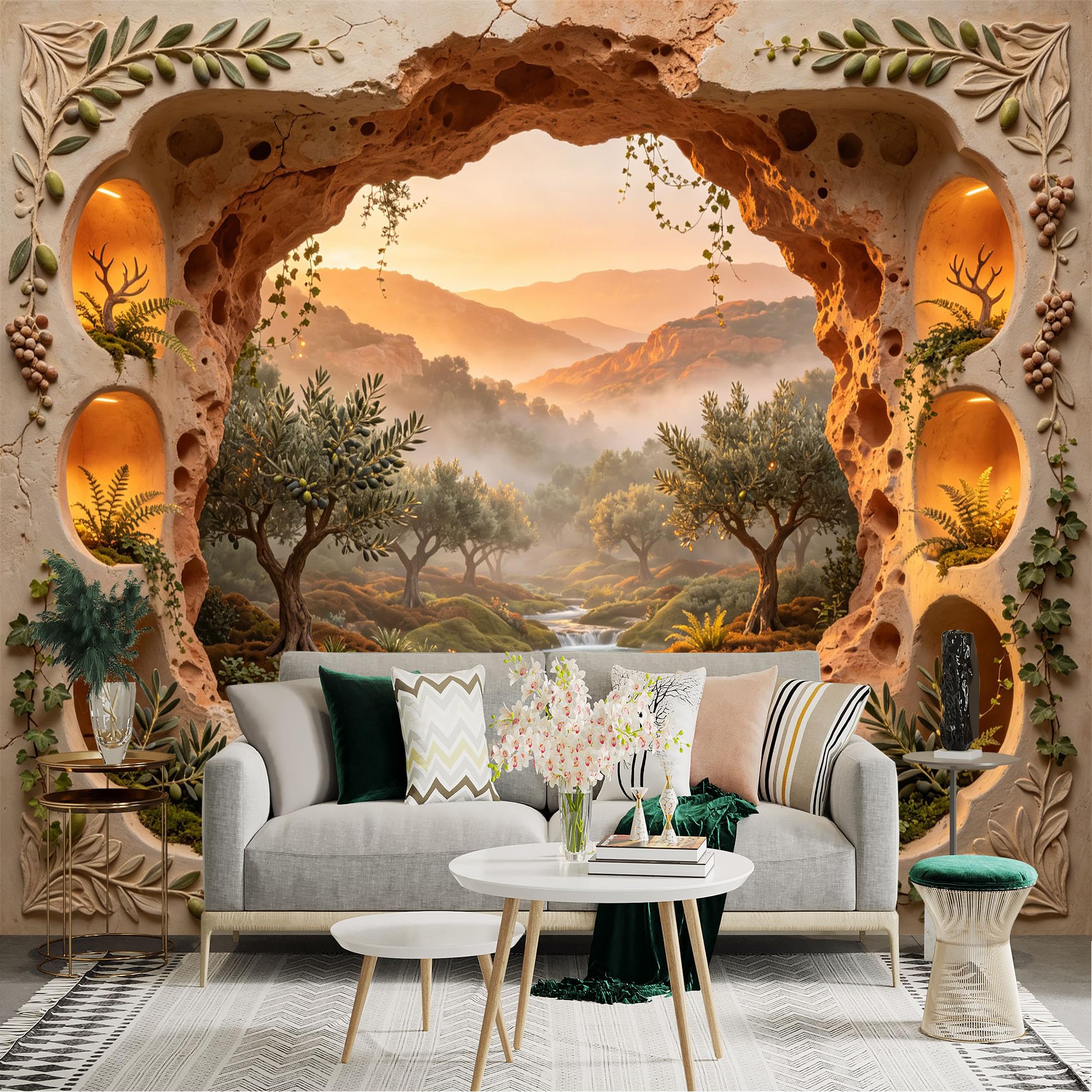 Custom Size Wall Sticker Mural， Sunset Valley with Olive Trees， River and Mountain Landscape， for wall Decoration， peelandstick wall Decals.