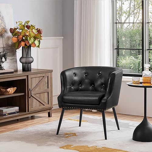 Miniatura 4 de Yaheetech Silla decorativa moderna, sillón retro de piel sintética, silla tapizada con patas de metal y cómodo cojín de asiento para sala de estar,