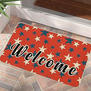 Patriotic Welcome Door Mat Stars Red 4th of July Doormat Independence Day Decorative Non Slip Rub...