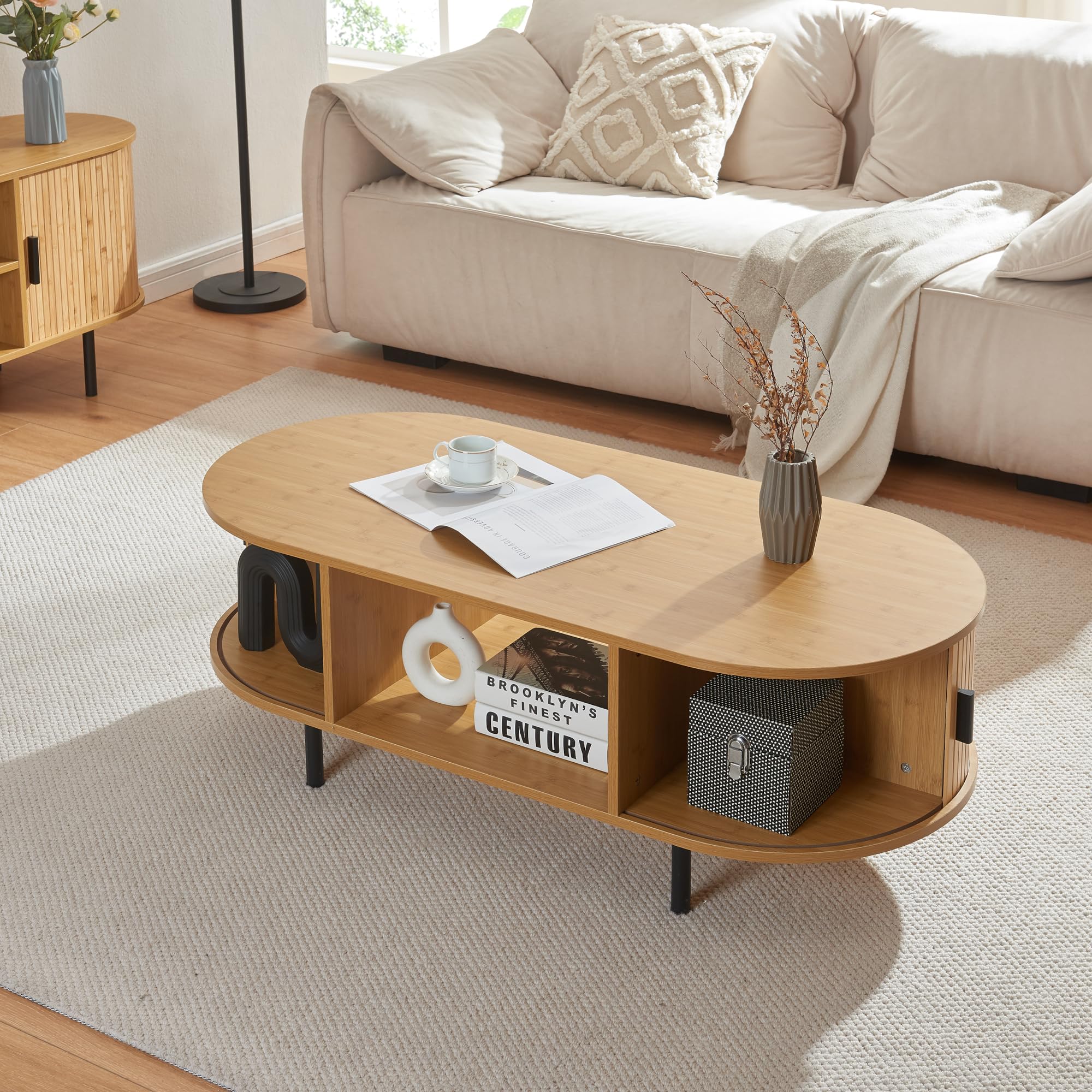 [en.casa] Couchtisch Tvedestrand Wohnzimmertisch mit 2 Schiebetüren mit Metallbeine Sofatisch mit Stauraum 120 x 55 x 40 cm Natur