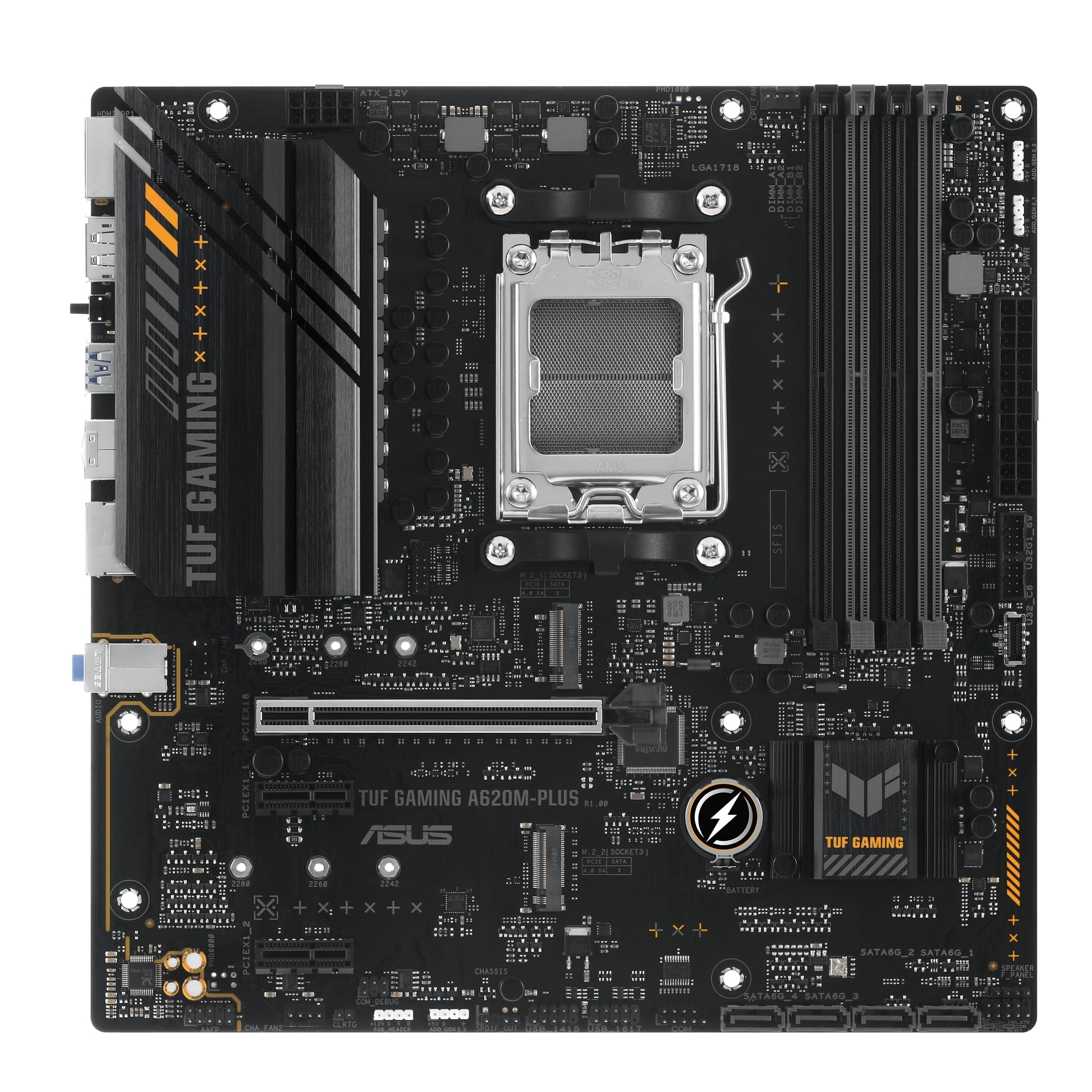 ASUS TUF GAMING A620M-PLUS Scheda madre AMD mATX, DDR5, 2 slot M.2 PCIe 4.0, Q-Latch, Ethernet Realtek 2.5Gb, 2 DisplayPort, HDMI, USB 3.2 Gen 1 Type-C, BIOS FlashBack, Cancellazione rumore, Aura Sync