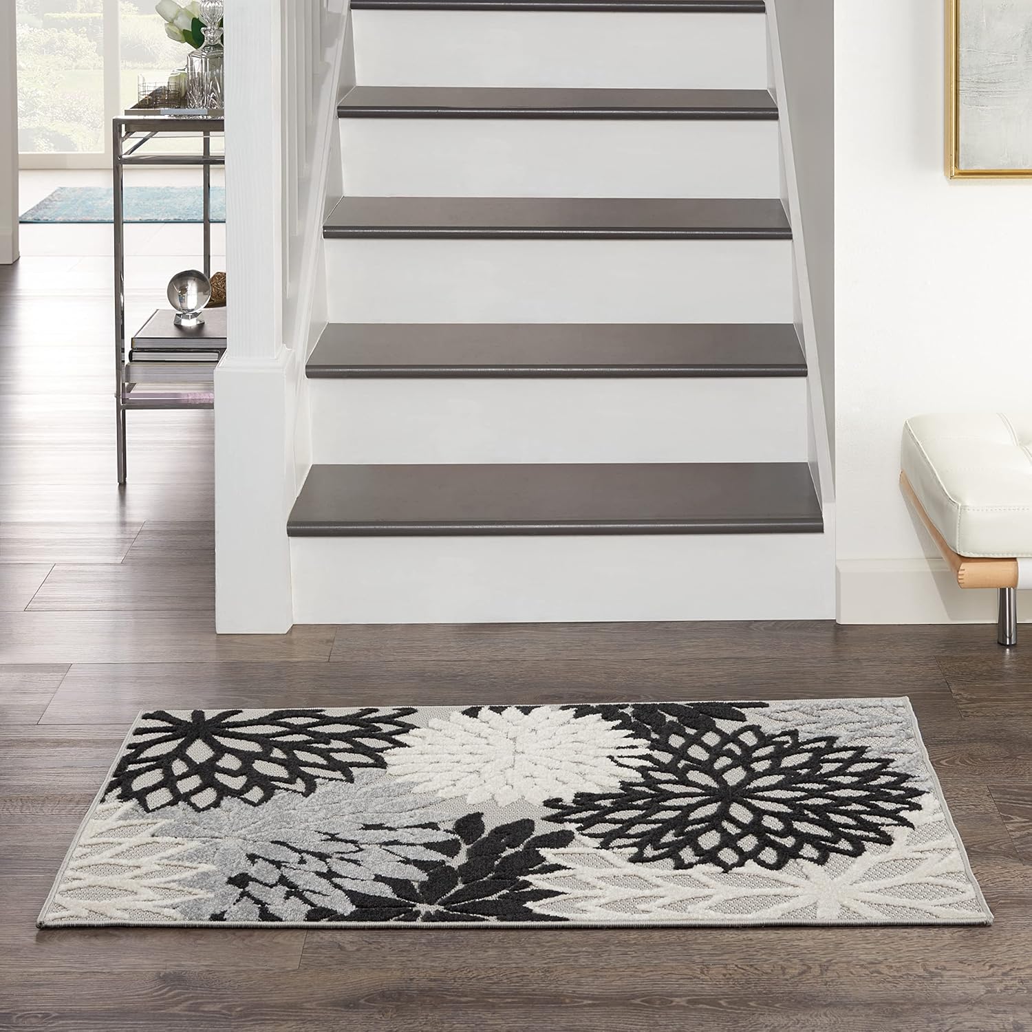 Nourison Home Aloha Indoor/Outdoor Black White 2'8" x 4' Area Rug, Tropical, Botanical, Easy Cleaning, Non Shedding, Bed Room, Living Room, Dining Room, Deck, Backyard, Patio (3x4)