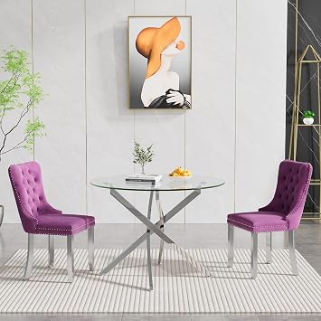 3-Piece Dining Table Set for 2,Round Glass Dining Table Set for 2,Tempered Glass Table Top and Silver Metal Legs&2 Velvet Chairs for Kitchen Apartment