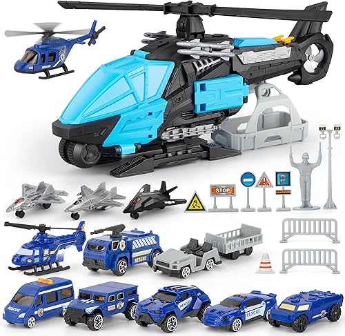 Juego de juguete de helicóptero de policía con vehículos, aviones de combate, avión, camión SWAT y barricadas, juguete de patrulla de rescate de