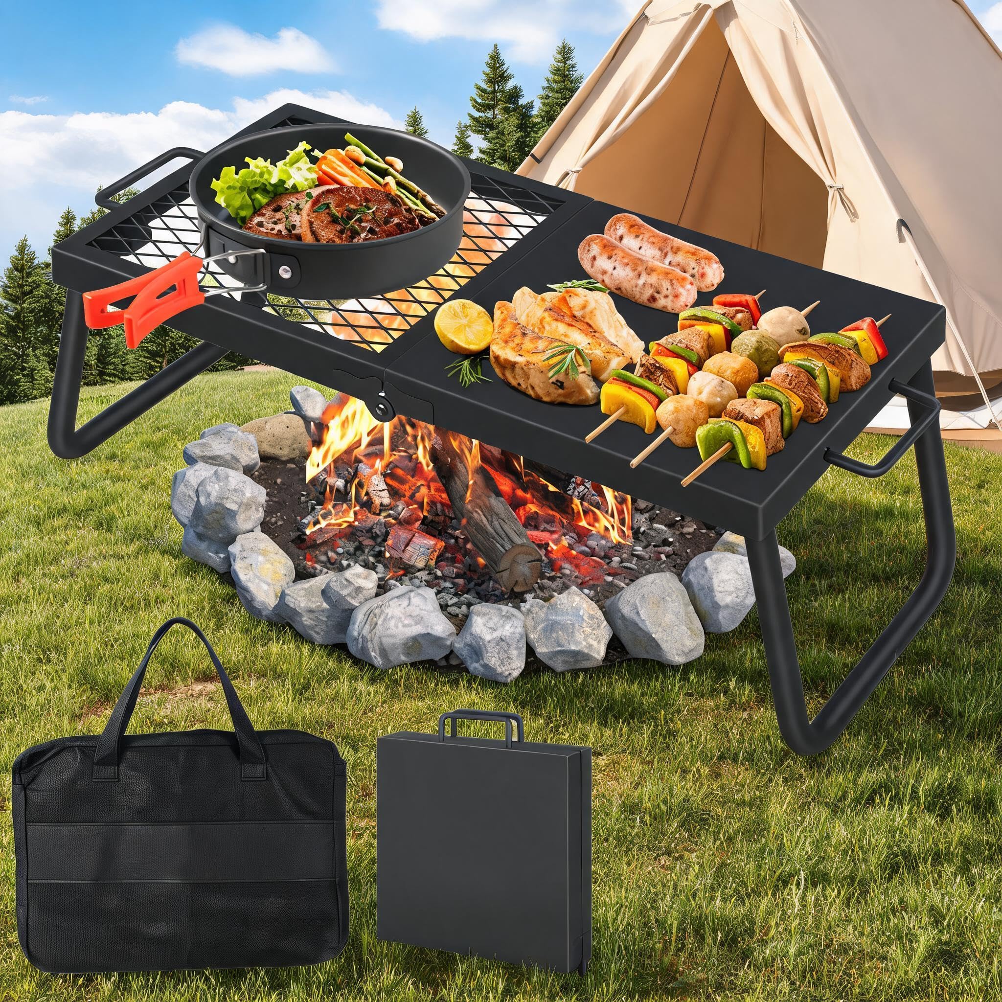 Garveetech 22.4*11.2 Swivel Campfire Grill For Fire Pit, Height Adjustable Heavy Duty Bbq Grate, Half Griddle Half Grill Plate Open Fire Cooking Stand With Carry Bag For Garden Camping