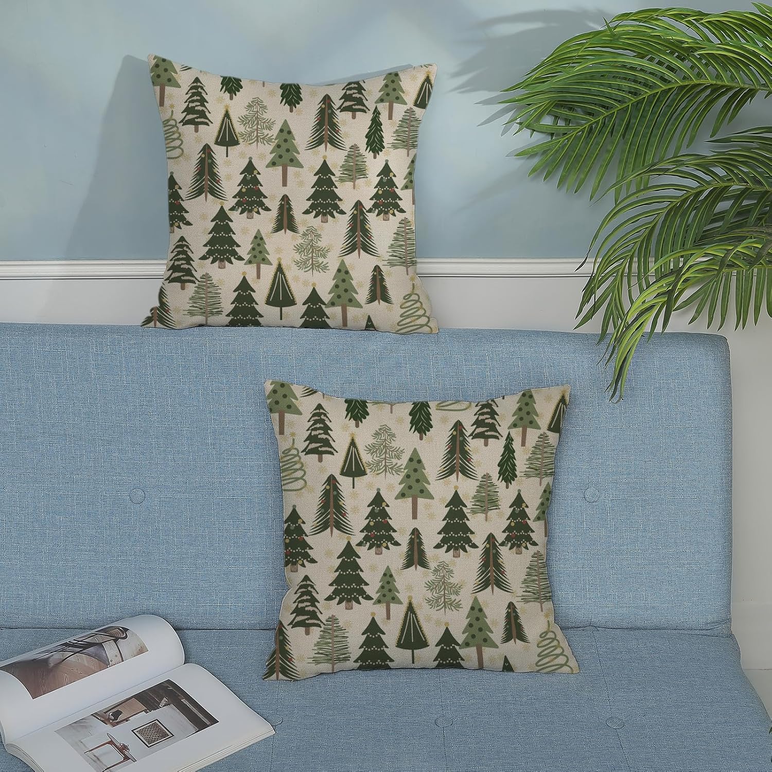 Christmas Pillow Covers 18x18 Inch 2 Pcs Sage Green Christmas Trees Decor Throw Pillows Snowflake Winter Xmas Holiday Outdoor Farmhouse Decoration Pillowcase Linen Cushion Cover for Couch Sofa image 3