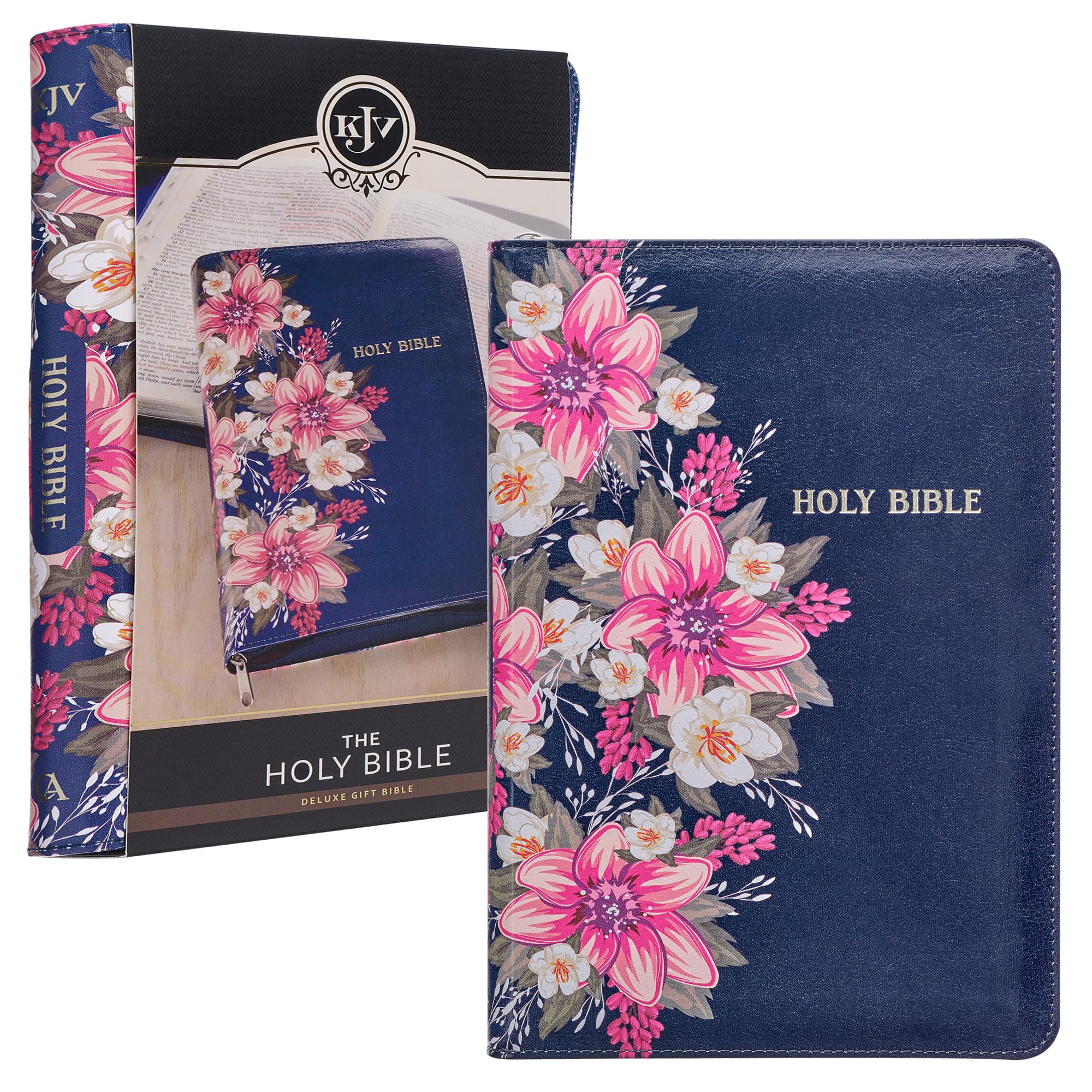 KJV Holy Bible Standard Size Faux Leather Red Letter Edition Thumb Index & Ribbon Marker, King James Version, Blue Floral, Zipper Closure (KJV Deluxe Gift Editions)