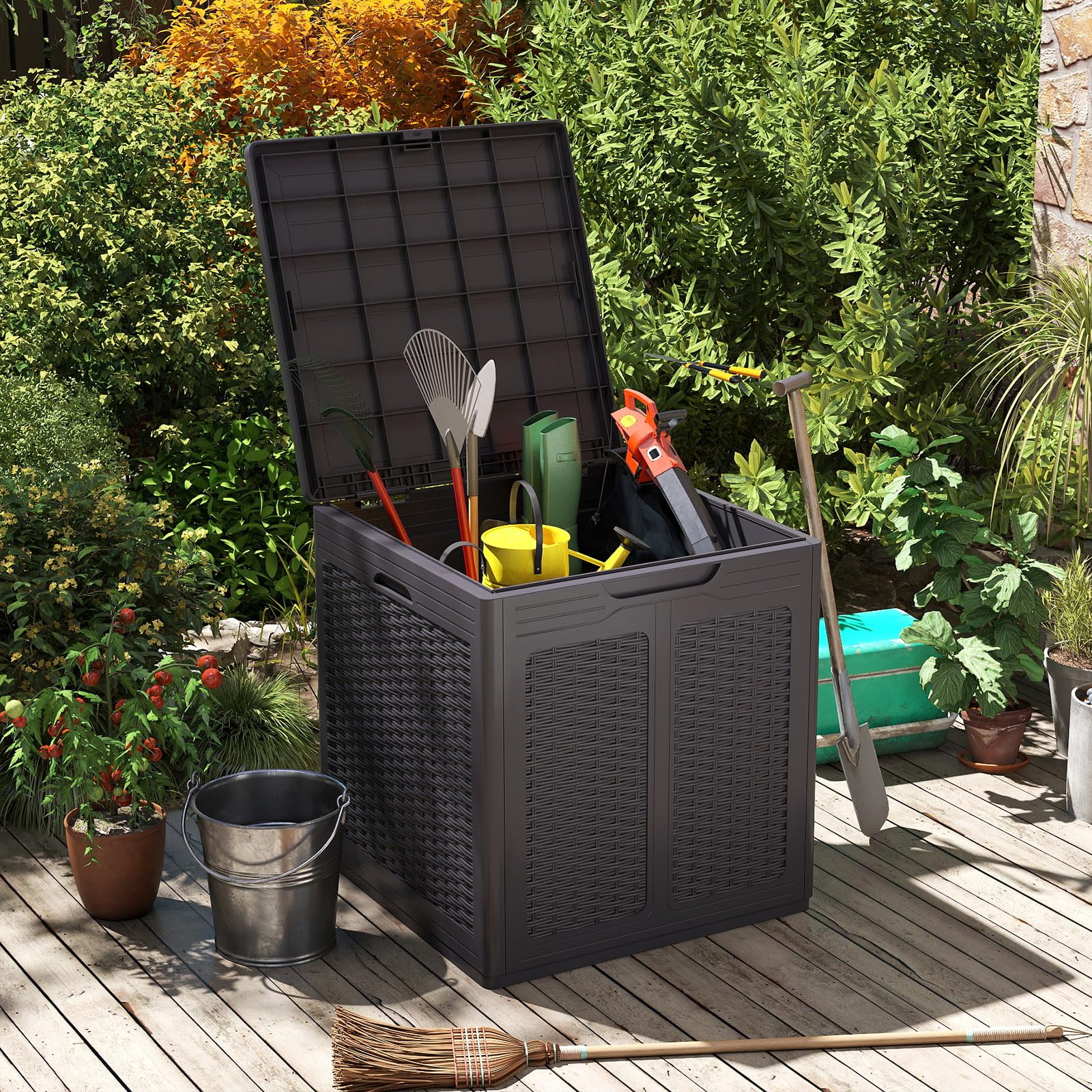 GIANTEX Baule da Giardino 145 L, Baule da Esterno con Coperchio con Coperchio Bloccabile, Contenitore per Cuscini in Plastica, Multibox Impermeabile Esterni, 56X56X61 cm