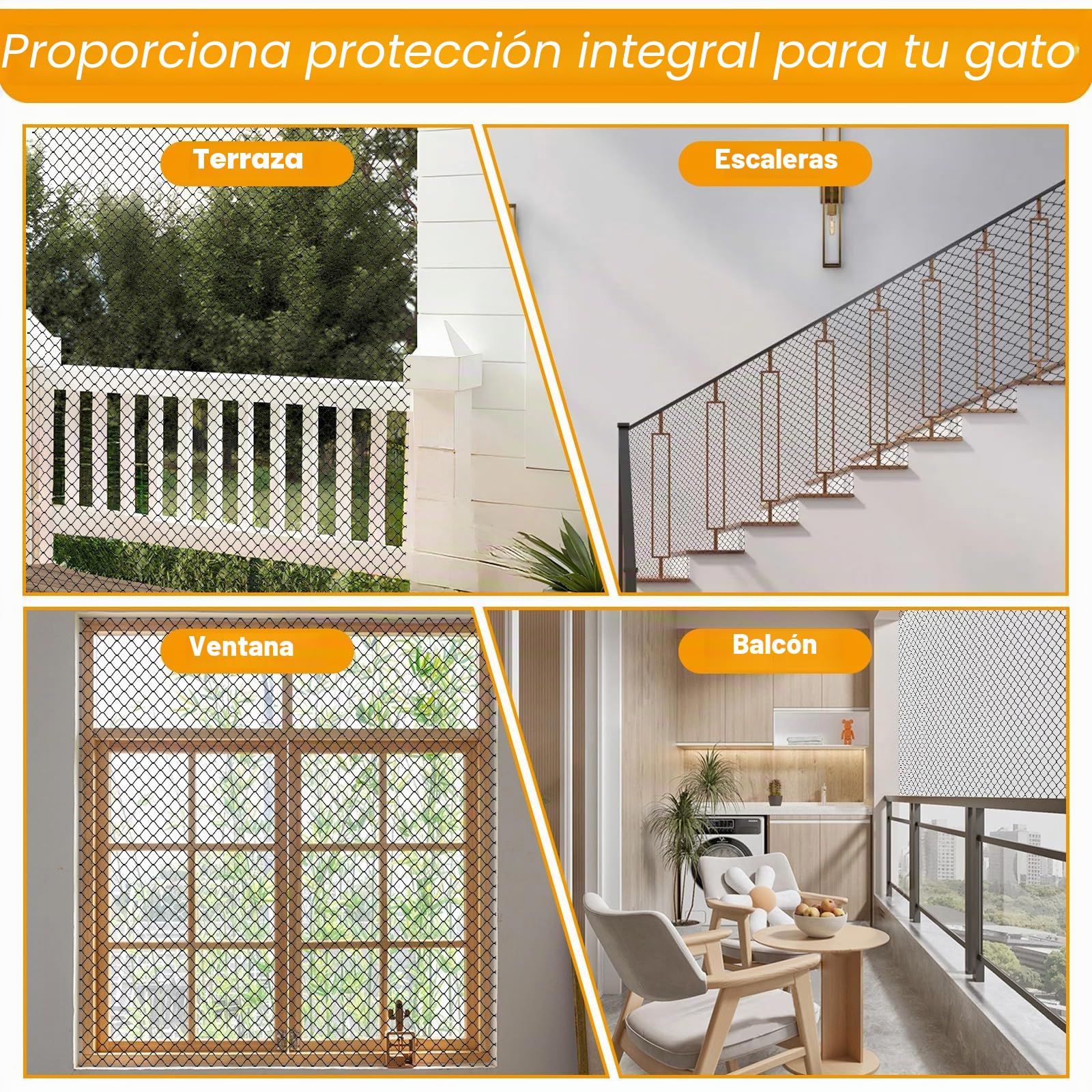 4 x 3m Red Gatos Terraza con Cuerda Fijación, Malla Seguridad Alambre Reforzada Balcón, Malla Gato Protección Sin Taladro, Red Anticaída Mascotas para Ventanas, Terrazas, Pasillos, Claraboyas (Negro)