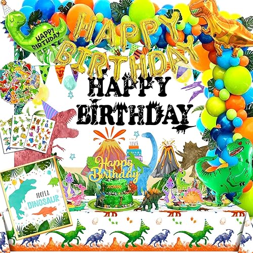 115 piezas de decoración de fiesta de cumpleaños de dinosaurio para niños, decoración de pastel de dinosaurio, kit de globos de dinosaurio,