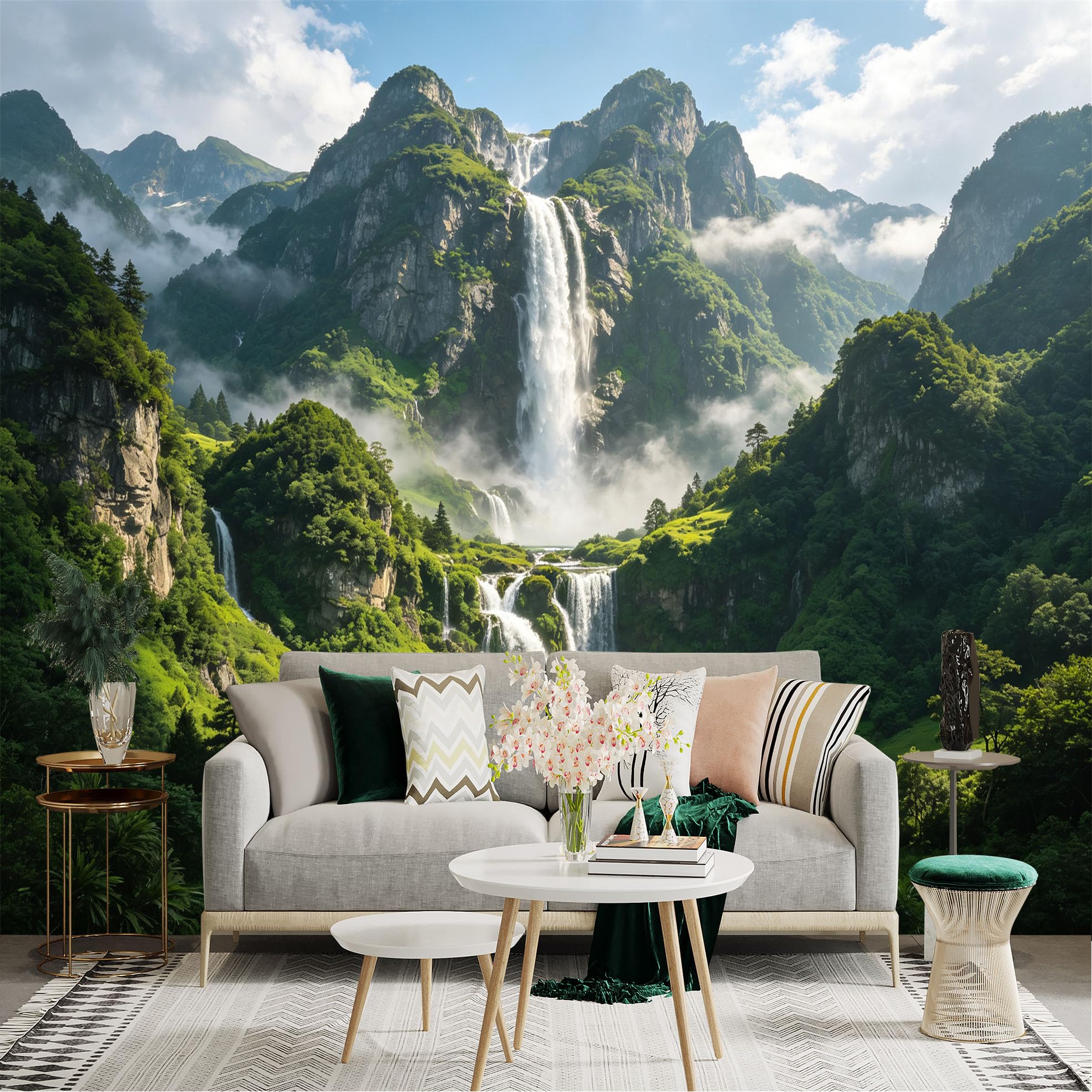 Custom Size Wall Sticker Mural， Majestic Waterfall， Green Mountain Landscape， Misty Peaks and Turquoise Lake， for wall Decoration， peelandstick wall Decals.
