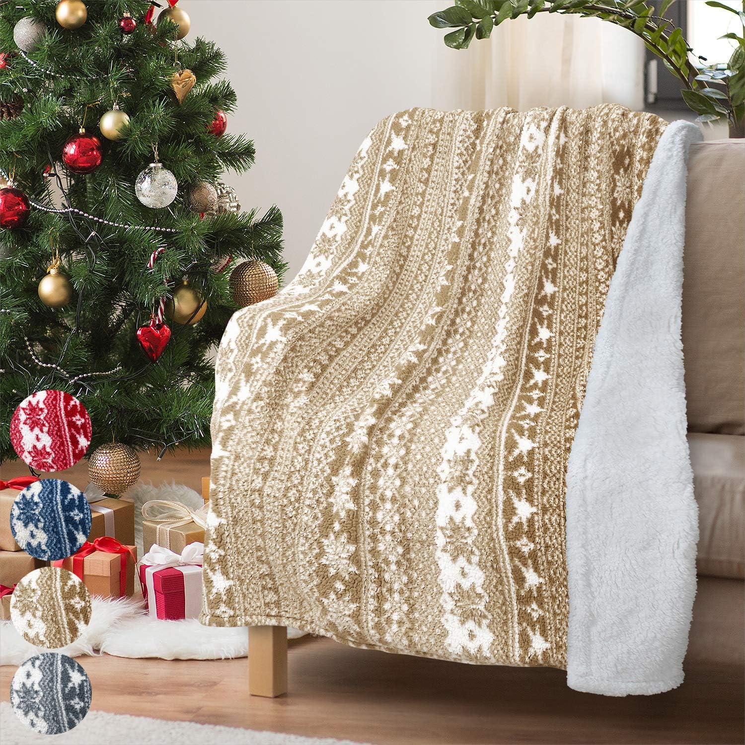Christmas Throw Sherpa Blanket 50" x 60" Snowflake Pattern