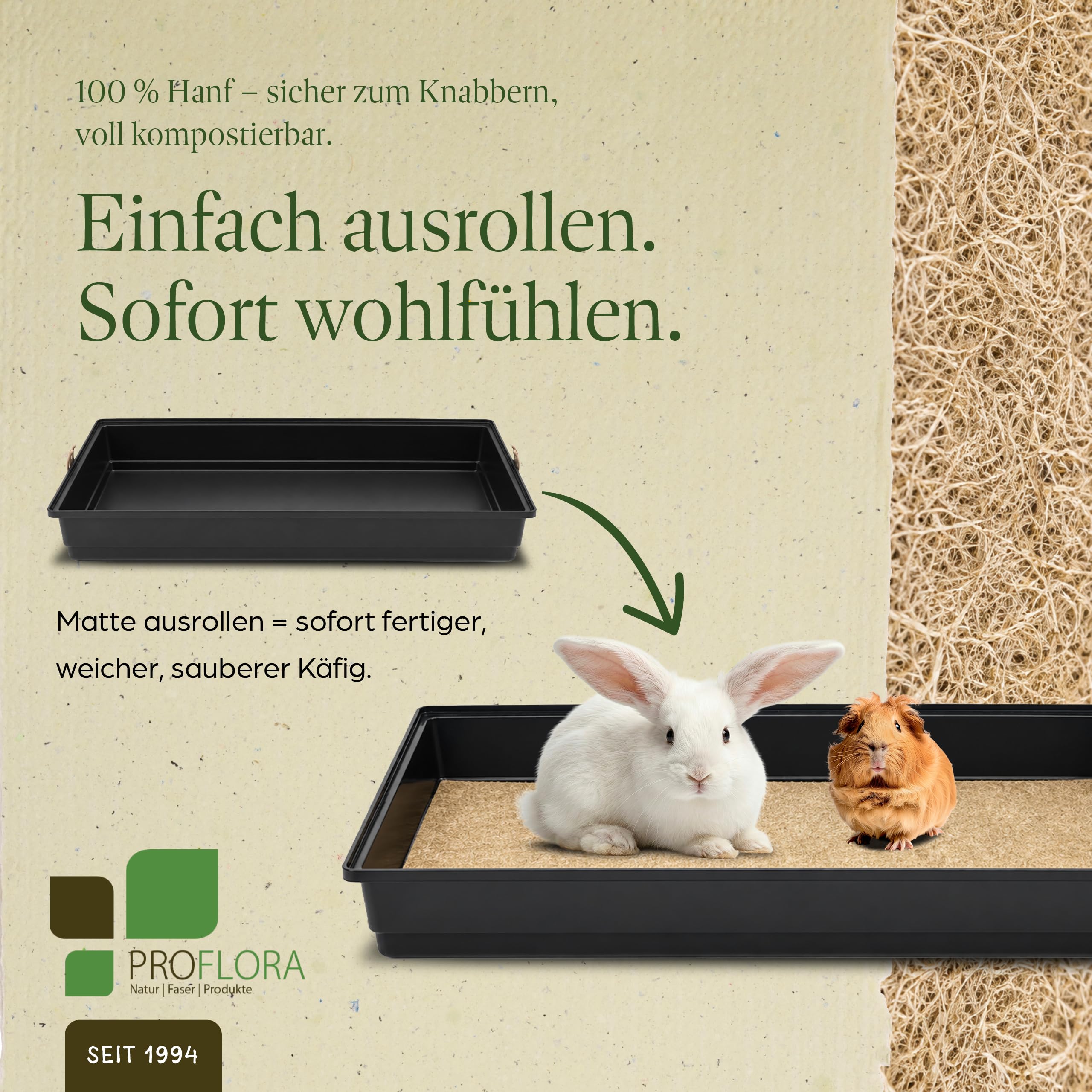 ProFlora® Alfombra para roedores de cáñamo 100% - Esterillas de cáñamo biodegradables para roedores como conejos, cobayas y hámsters (100 x 50 cm, 5 mm de grosor, 2 unidades)