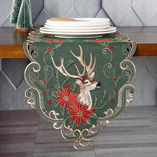 Miniatura 6 de GRANDDECO Camino de mesa de ciervos navideños para fiestas de vacaciones de granja, camino de mesa de flores de Navidad bordado, bufandas,