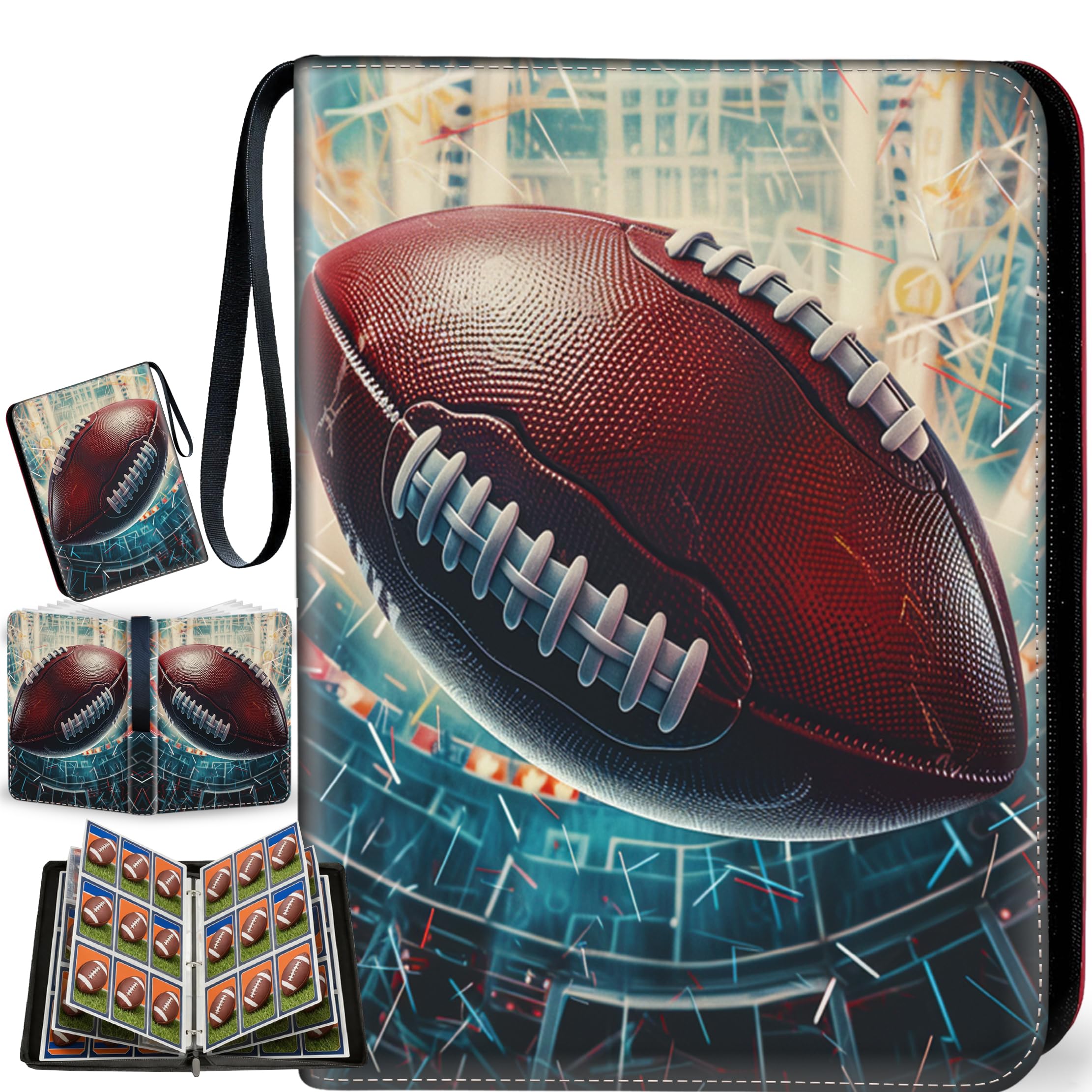 XS04 Classeur pour cartes de football avec pochettes, 9 pochettes de protection pour cartes de football avec fermeture éclair, peut contenir 900 cartes avec 50 pochettes amovibles, étui de transport