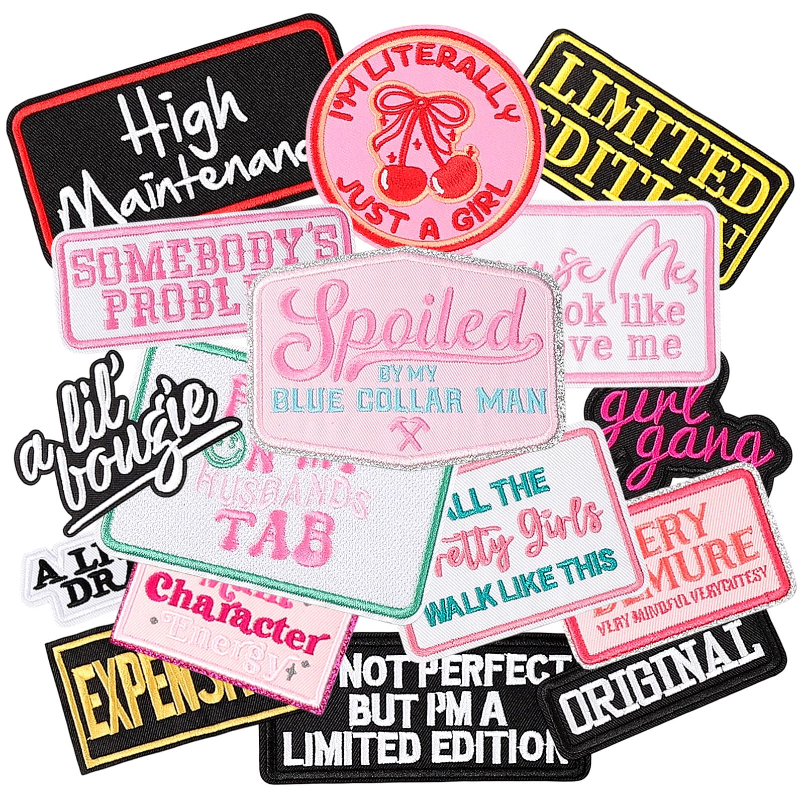 16 Pcs Sassy Girl Slogan Iron on Patches Pink Cool Girly Embroidered Applique Patches Assorted Styles Sew on Patches Trucker Hat Patches DIY Accessories for Clothes Backpacks Hat Pants Jacket