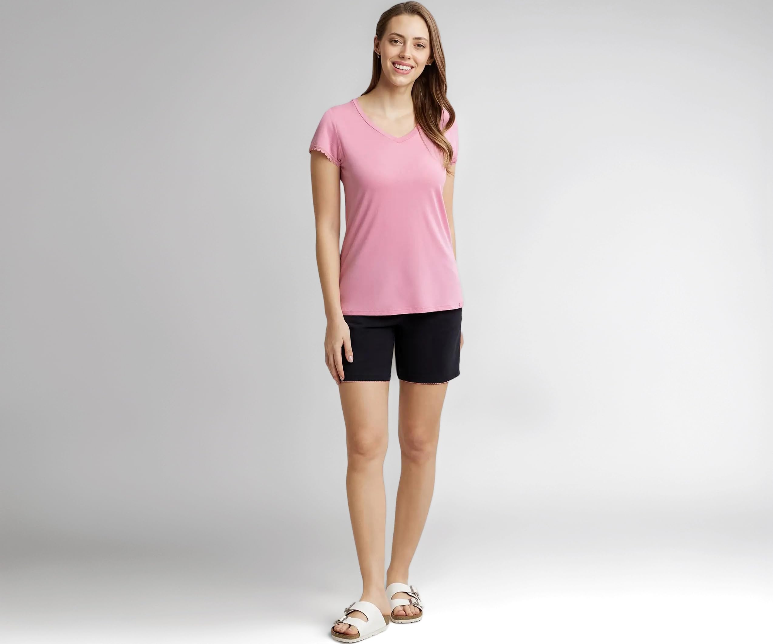 Jockey Women's Modal V - Neck Regular Fit T-Shirt (Rx12-0105-Pblos_Peach Blossom_X-Large)