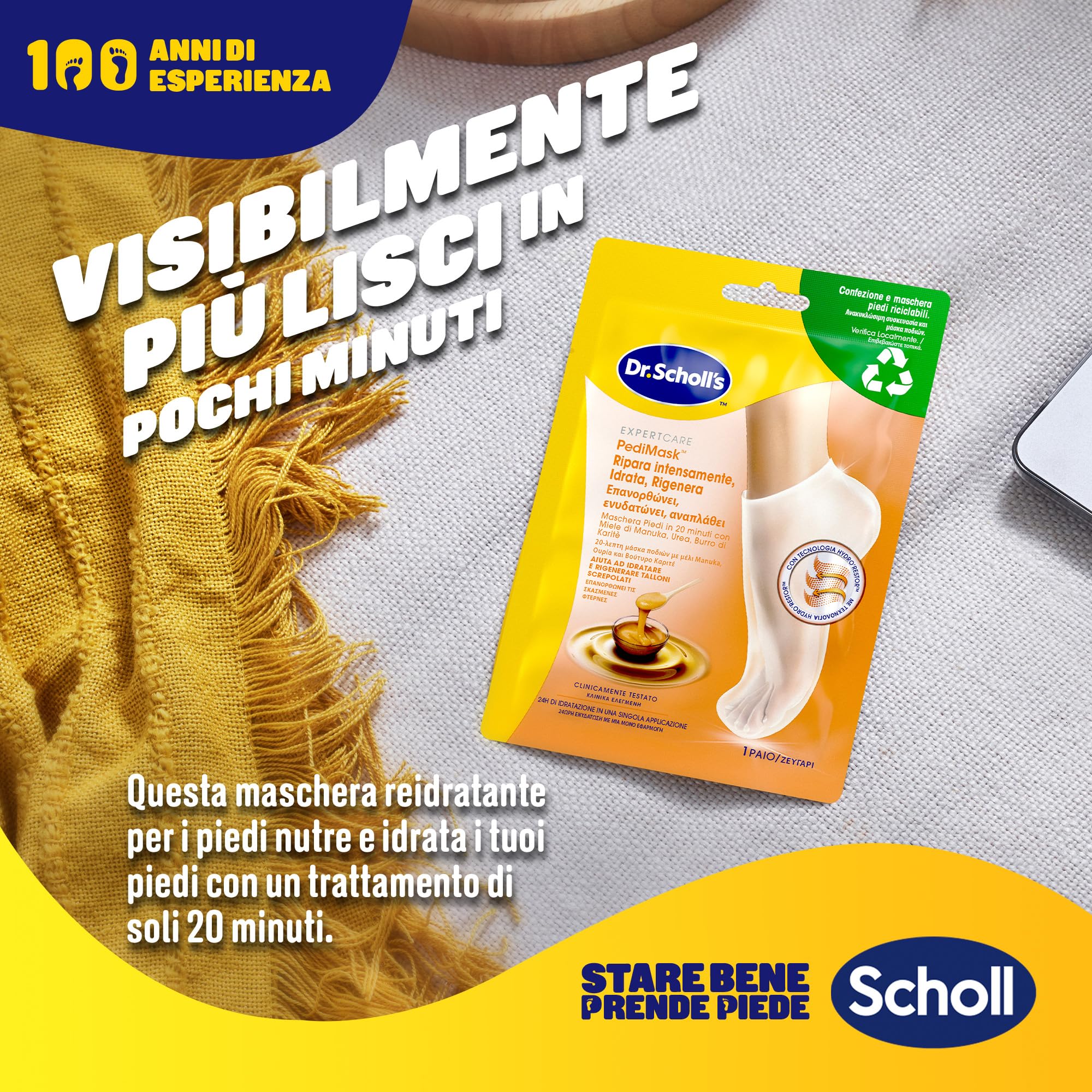 Dr. Scholl's Maschera Piedi con Miele di Manuka per Talloni Screpolati e Secchi, Calzini Idratanti per Piedi più Morbidi e Lisci in 20 Minuti, Calzino e Confezione Riciclabili, 4 Paia