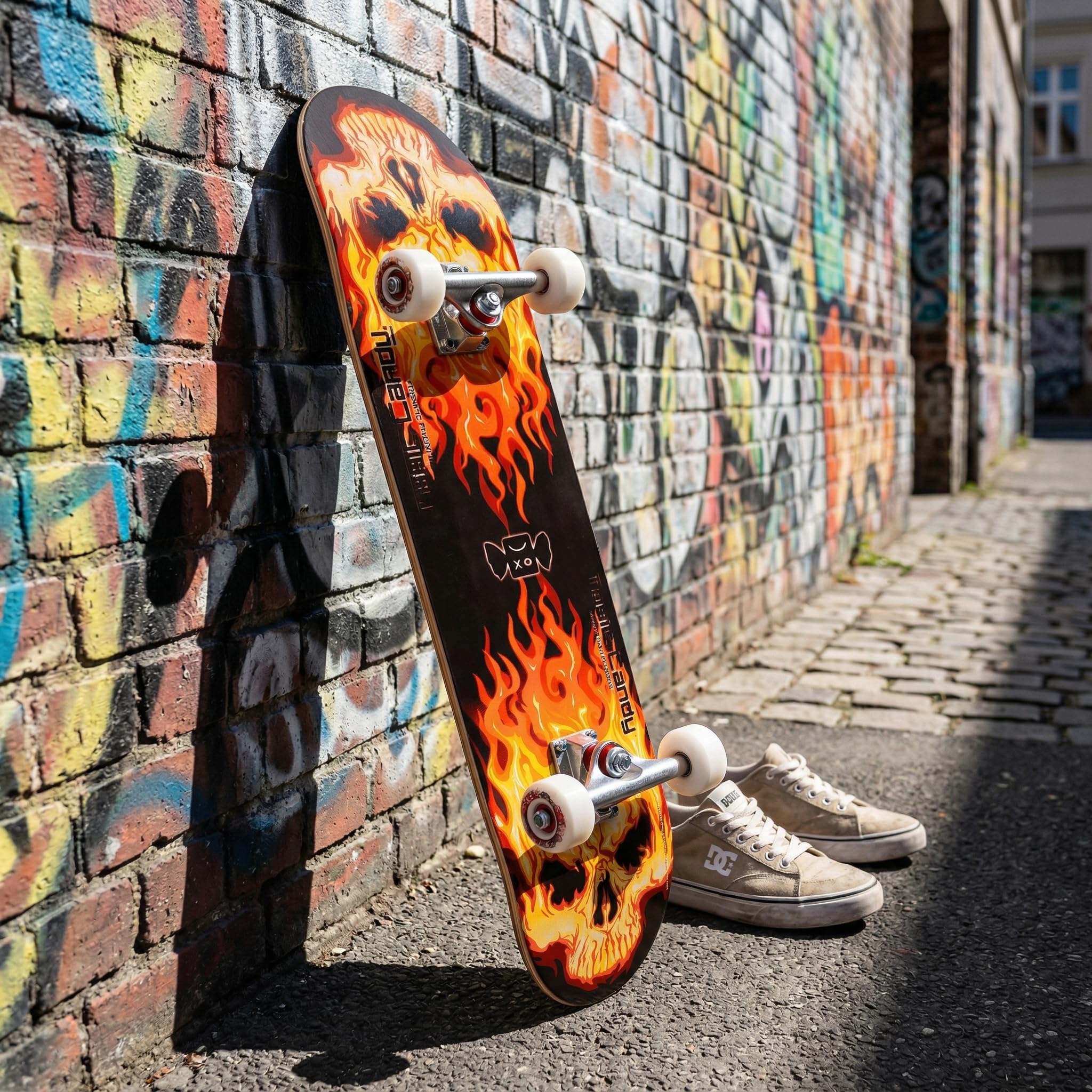 Skateboard Professionnel Double Kick,81 cm en érable, roulements ABEC-7, Roues en PU 95A, Design Graphique personnalisé (81cm, Feu Rouge)