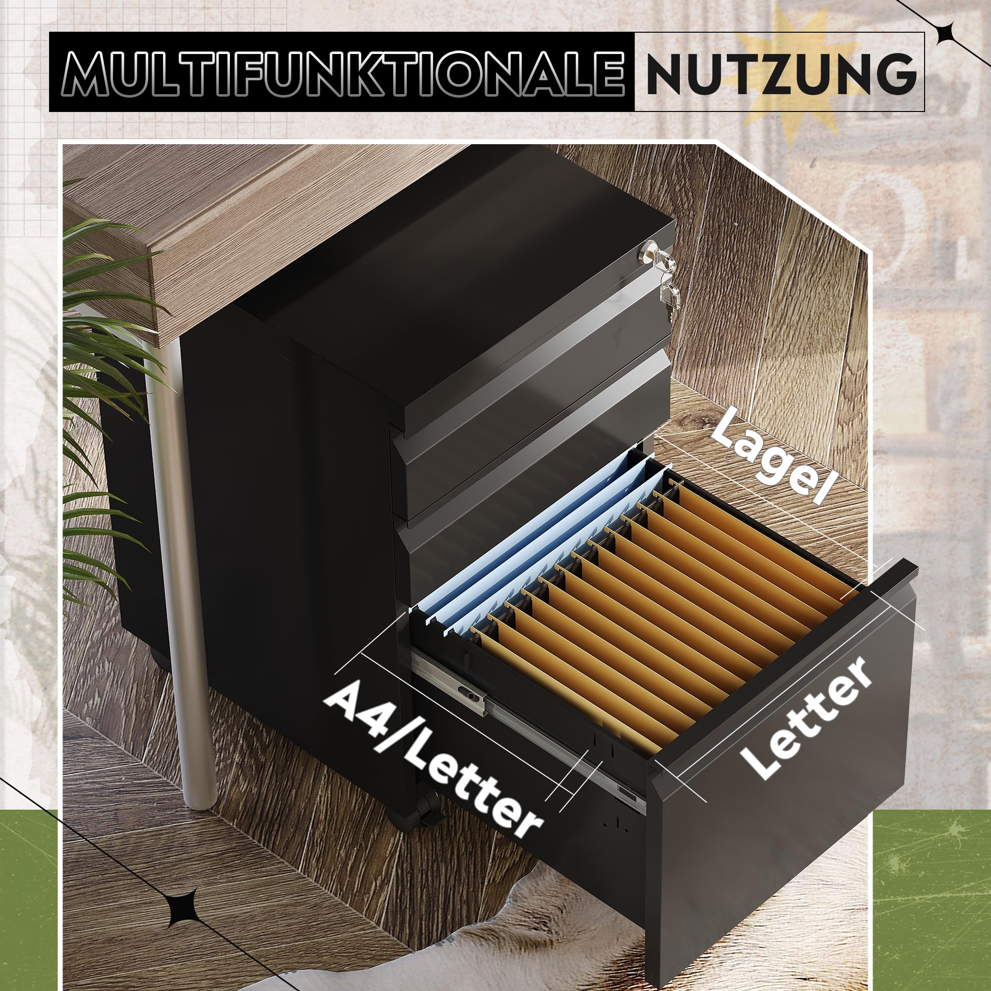 DEVAISE Rollcontainer mit 3 Schubladen, Metall Mobiler Aktenschrank mit Rollen, Druckertisch für DIN A4/Legal/Letter, Schreibtisch Unterschrank für Büro und Home Office, Schwarz