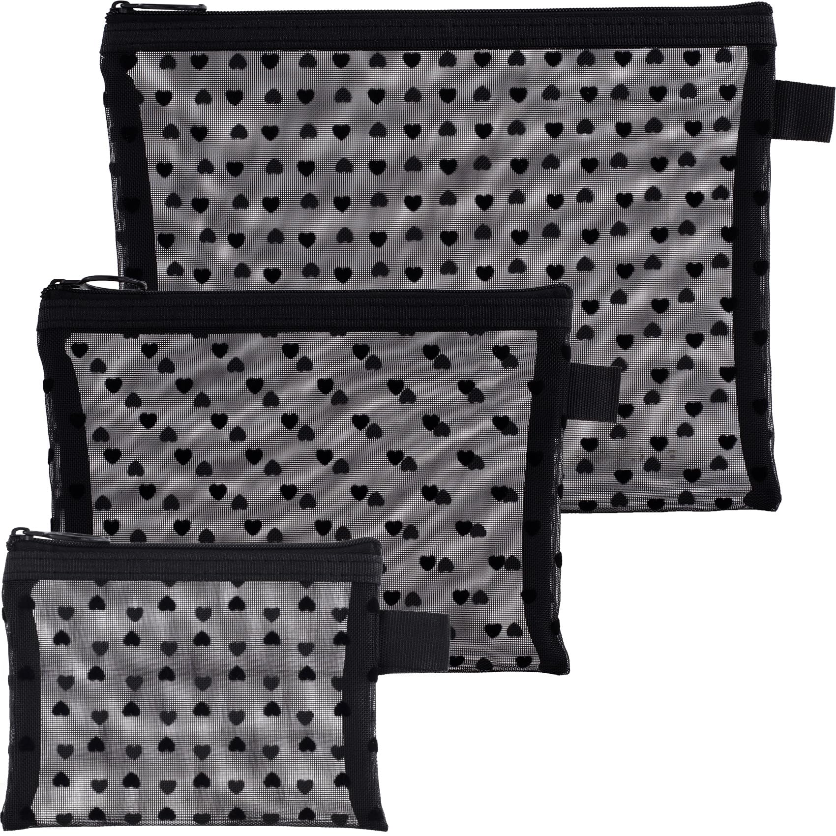 Winsyison 3pcs Heart Printed Mesh Bag with Zipper, 3 Sizes Black Nylon Mesh Cosmetic Bags, Portable Travel Makeup Organizer Storage Pouches for