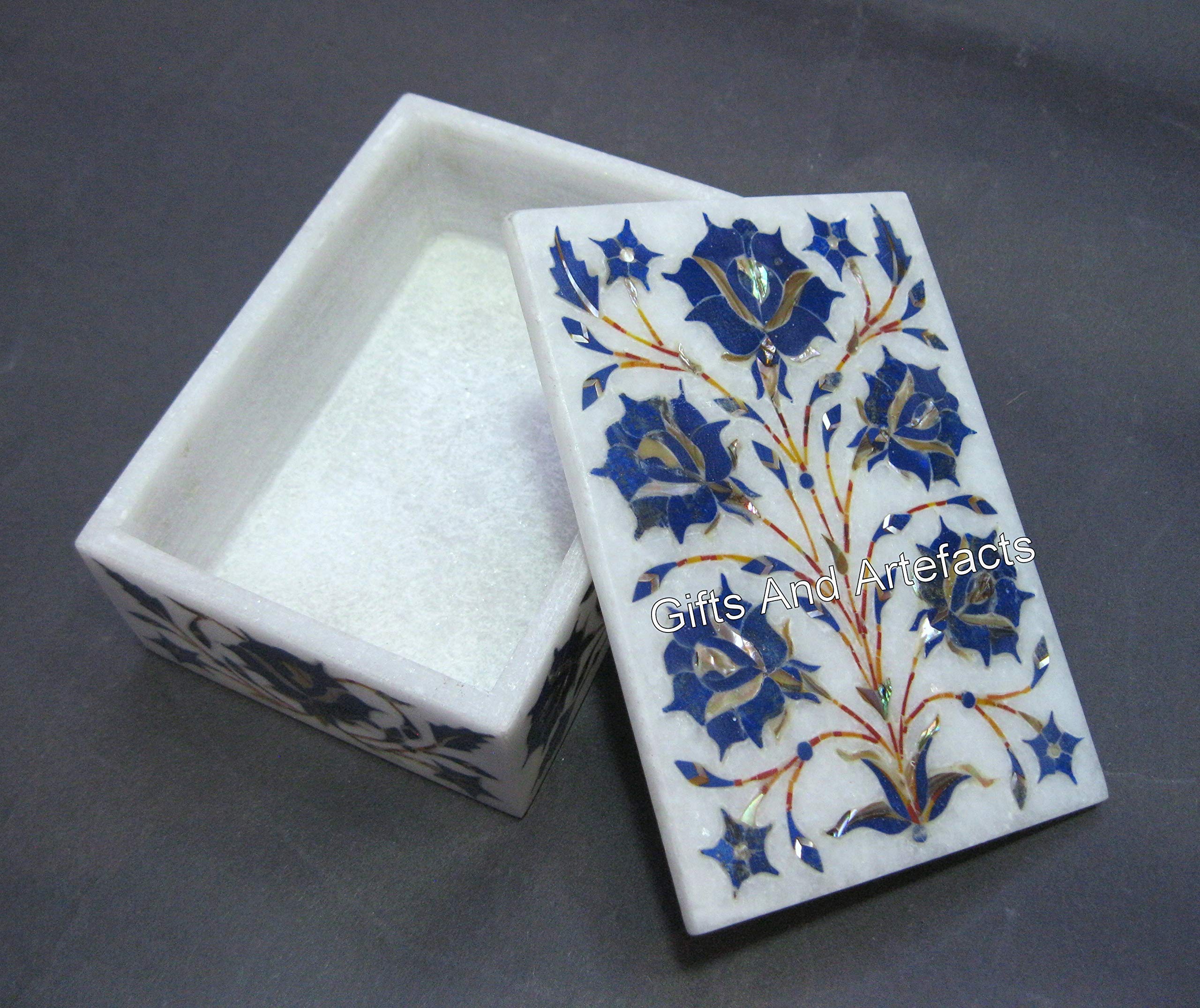 Boîte à bijoux rectangulaire marbre blanc et lapis lazuli, coffret de rangement