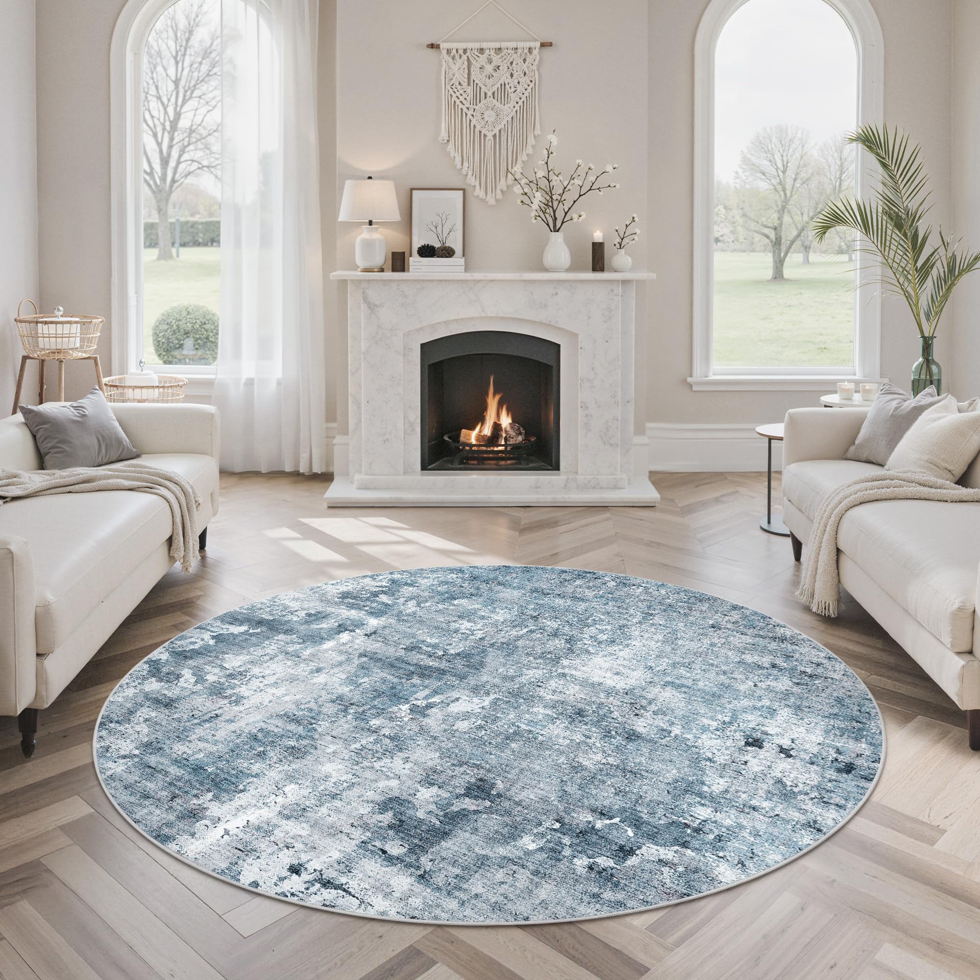 Soalmost Abstract 6x6 Round Rug 6ft Circle Living Room Rugs, Blue/Grey | Washable Vintage Indoor Carpet for Dining Bedroom, Low Pile Stain Resistant Foldable Floor Mat Entryway Home Office Decor Blue/Grey 6' (Round)